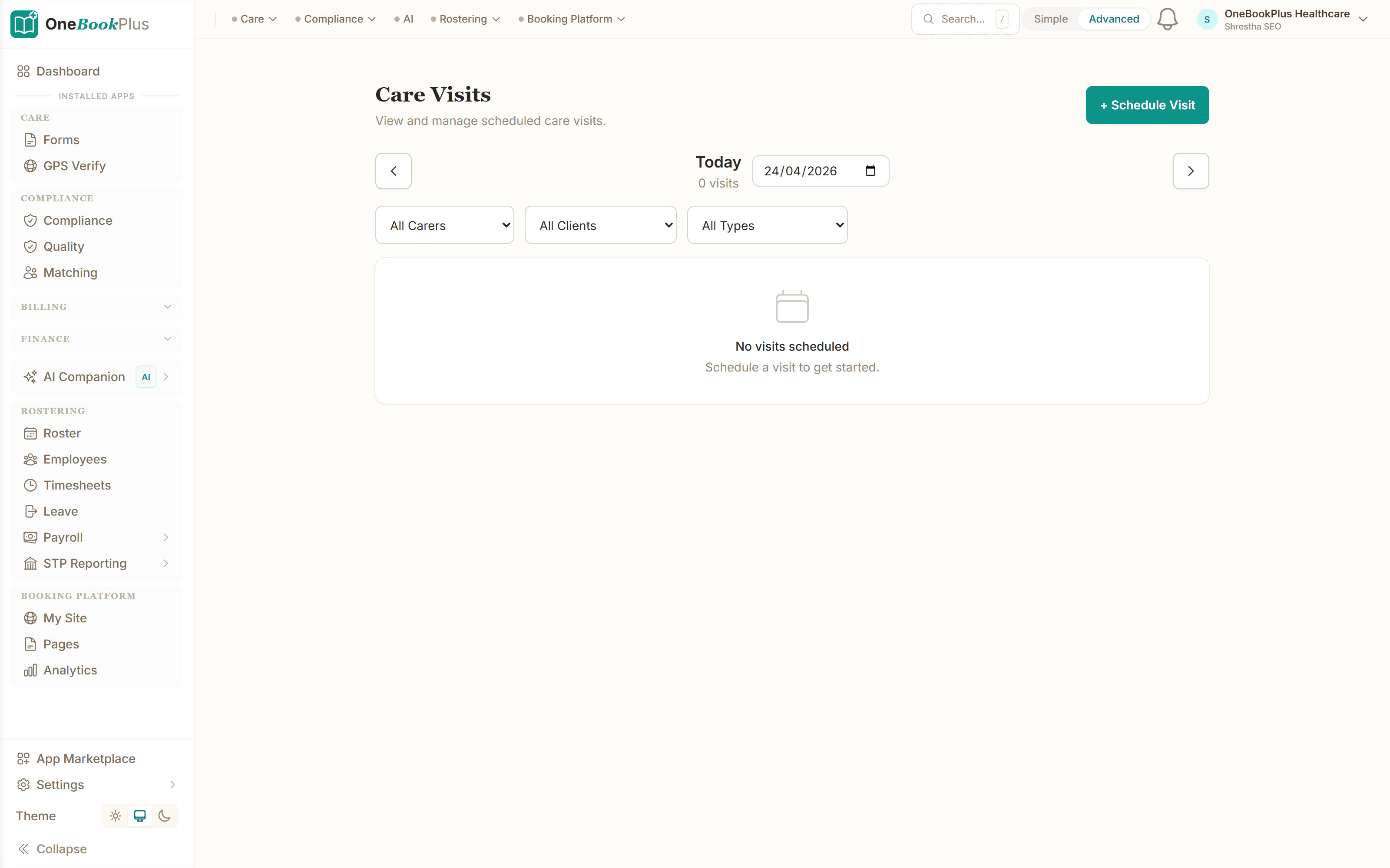 Visit schedule by carer