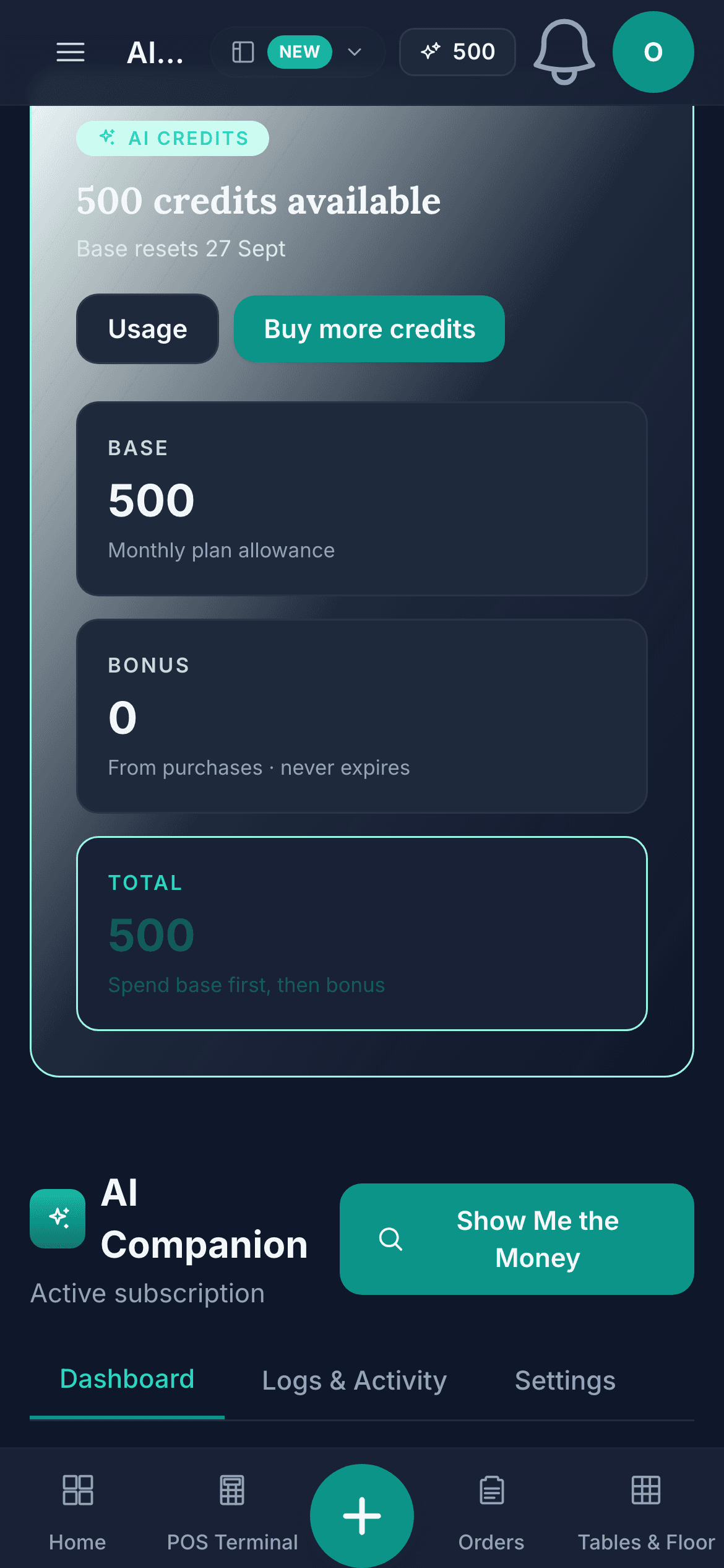 The AI Companion credits screen on a phone: the AI credits chip, 500 credits available with the date the base resets, the Usage and Buy more credits buttons, the Base, Bonus and Total tiles, then the AI Companion heading with the Show Me the Money button and the Dashboard, Logs and Activity and Settings tabs.