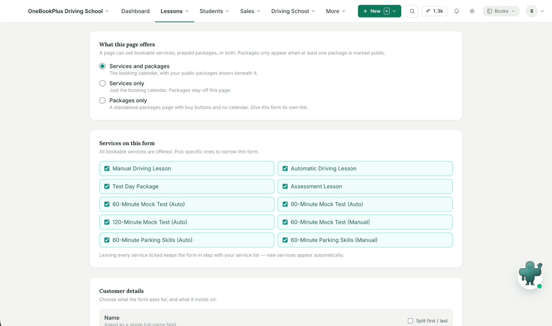 The booking page editor choosing between services, packages, or both