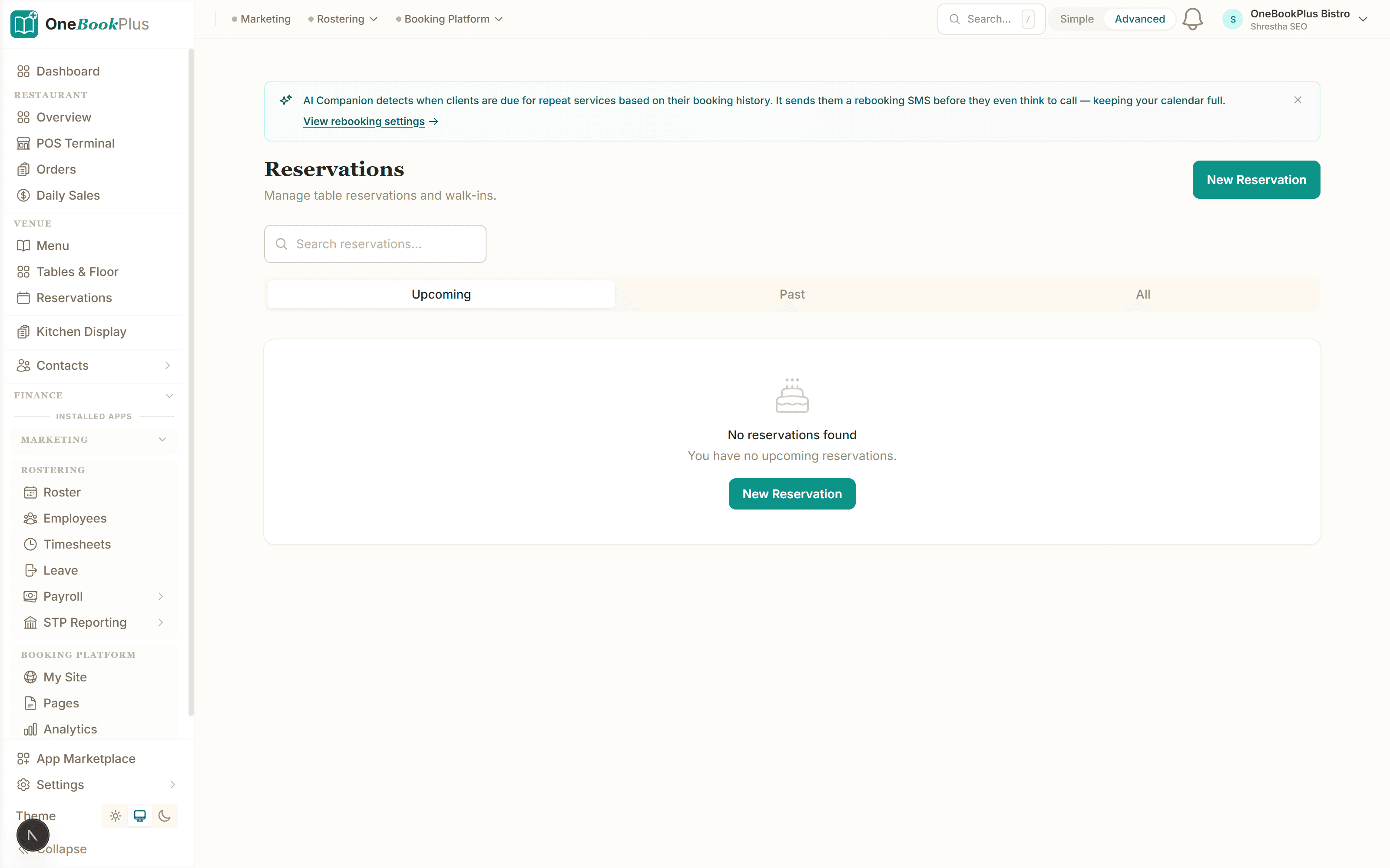 Bookings calendar with day and week views