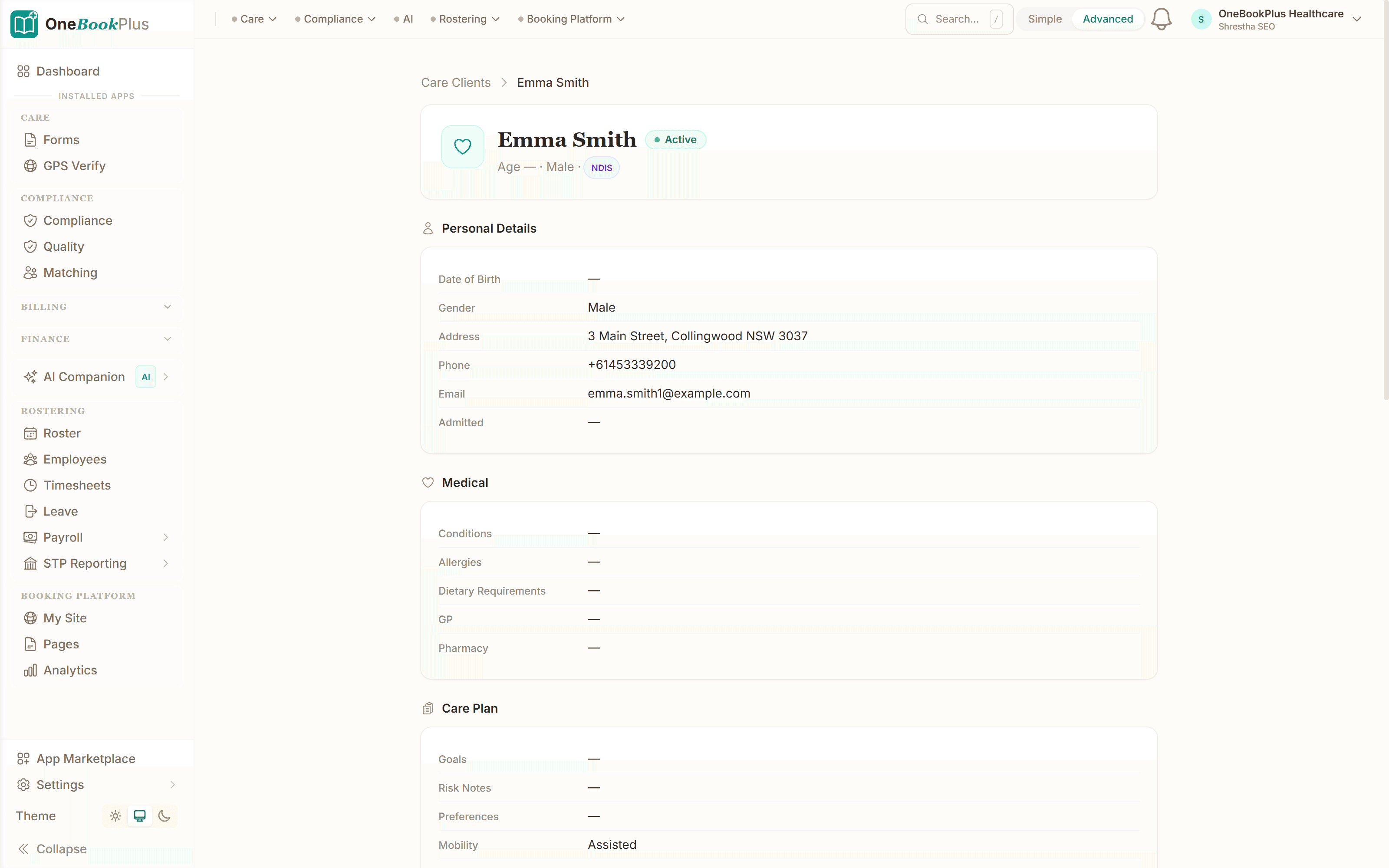 Recipient profile with care plan