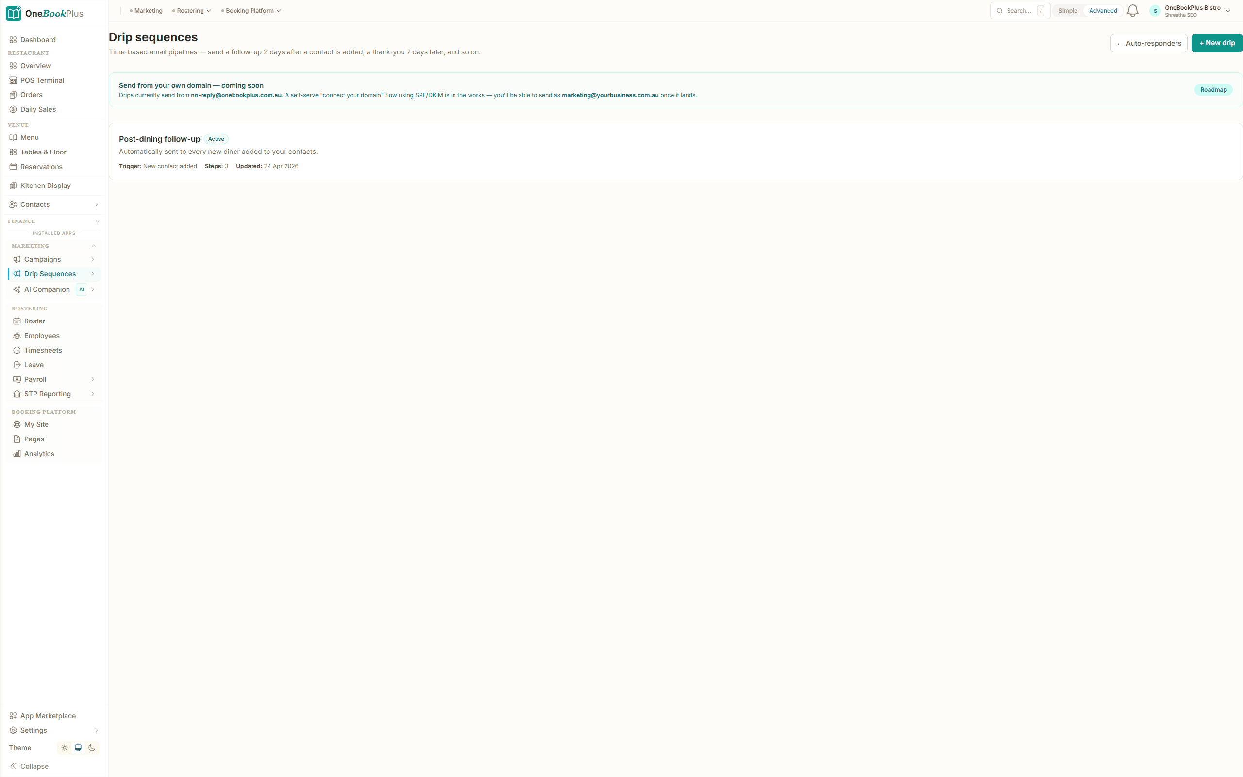 Visual drip flow builder with branching steps