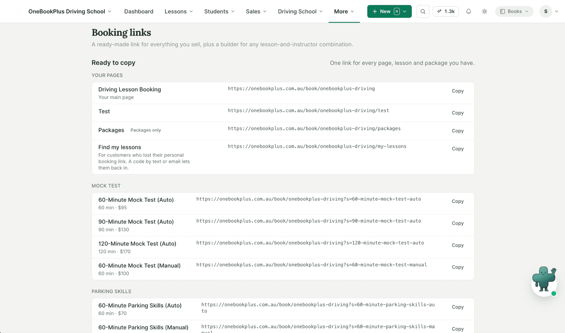 The Booking links screen with a ready-made copyable link for every page, lesson and package