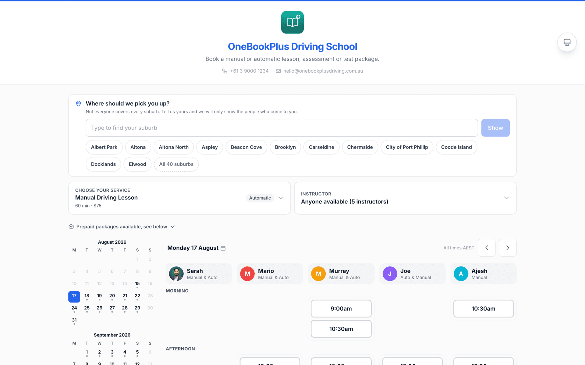 A driving school's public booking page in OneBookPlus: five instructors' columns with bookable lesson slots and a suburb picker