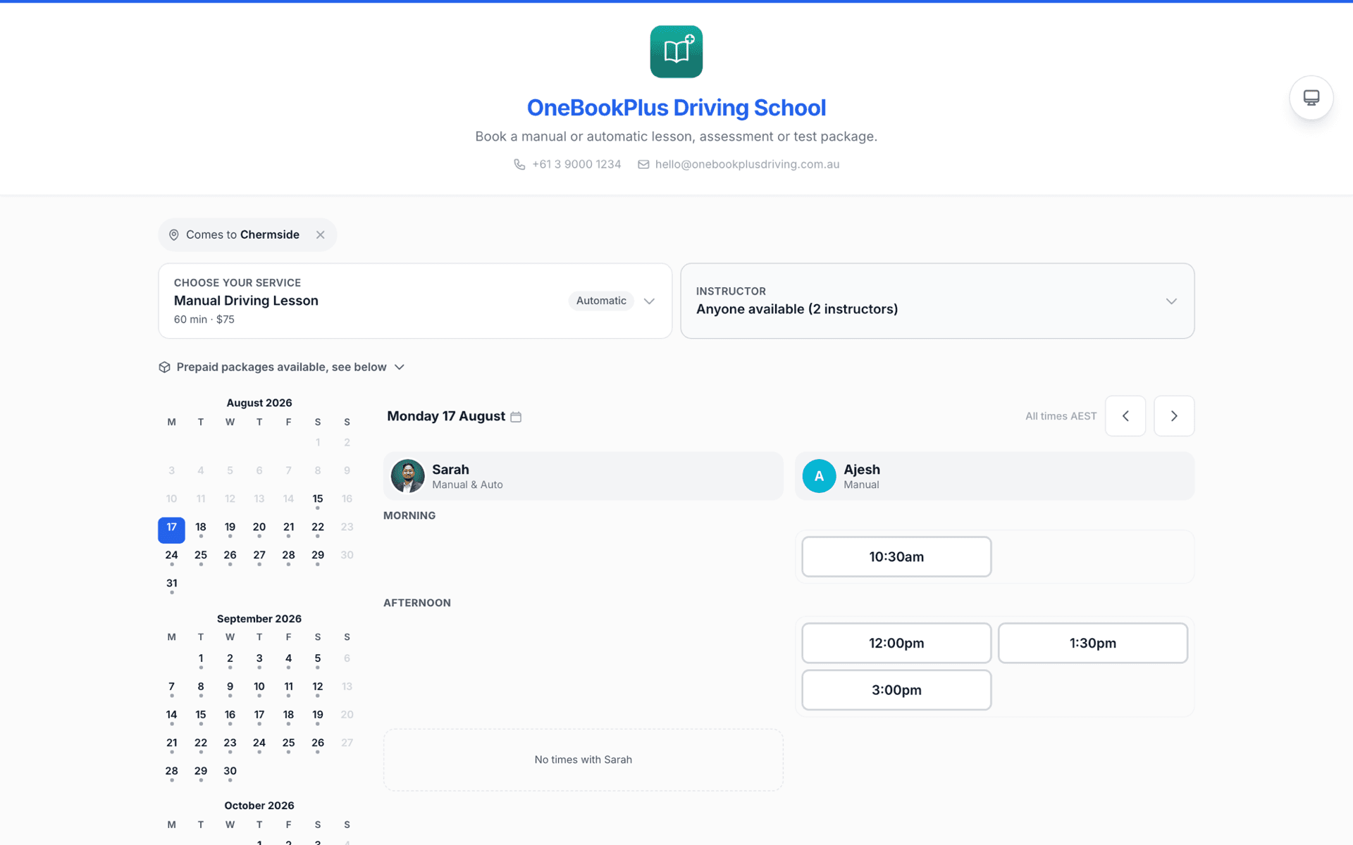 The booking page filtered to one suburb, showing only the two instructors who cover it