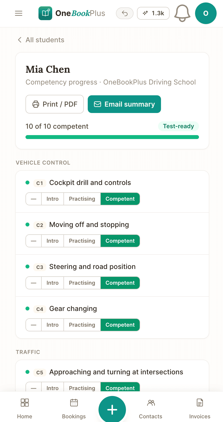 A student's competency progress in the OneBookPlus phone app