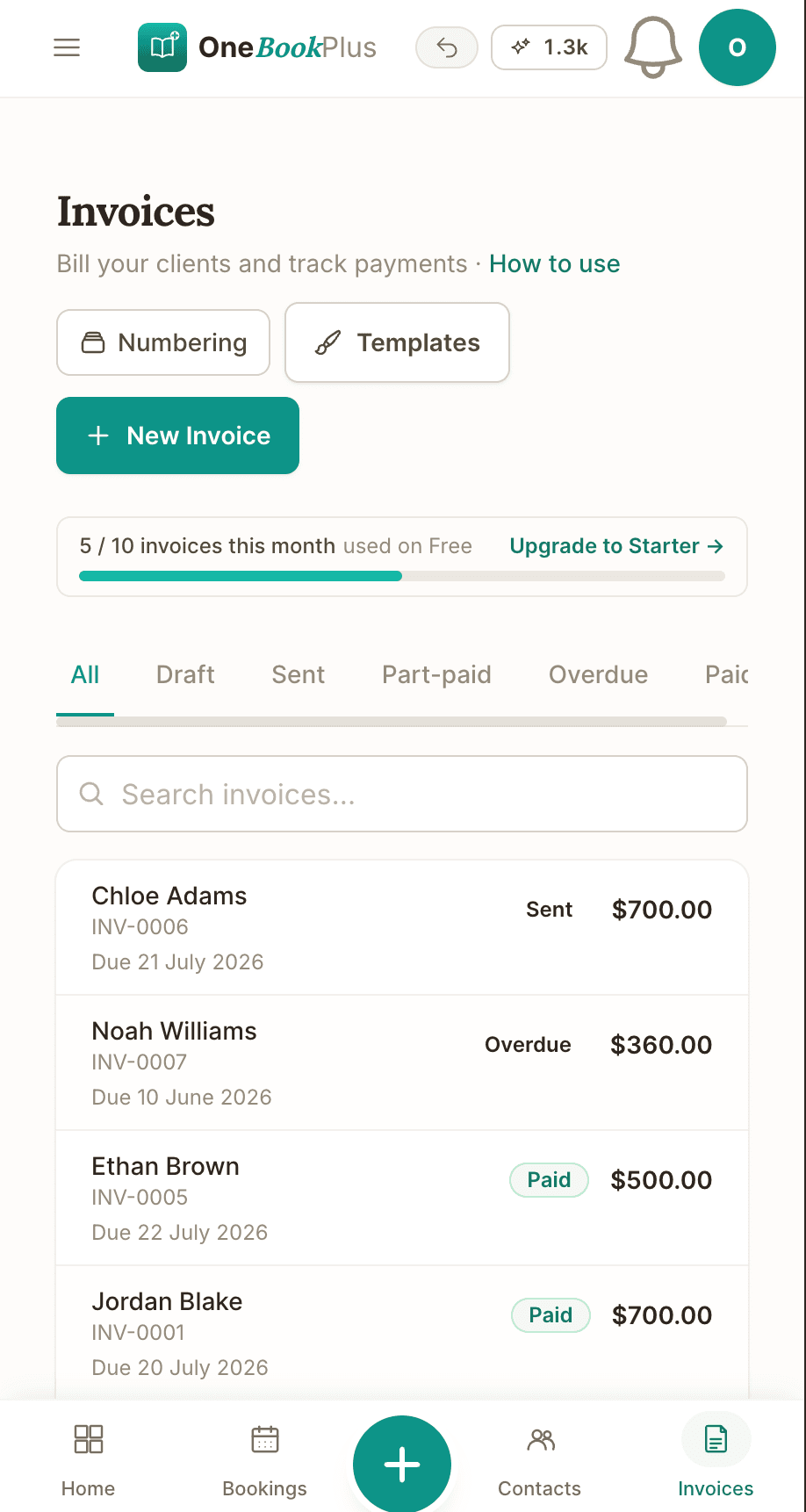 Driving-school invoices in the OneBookPlus app