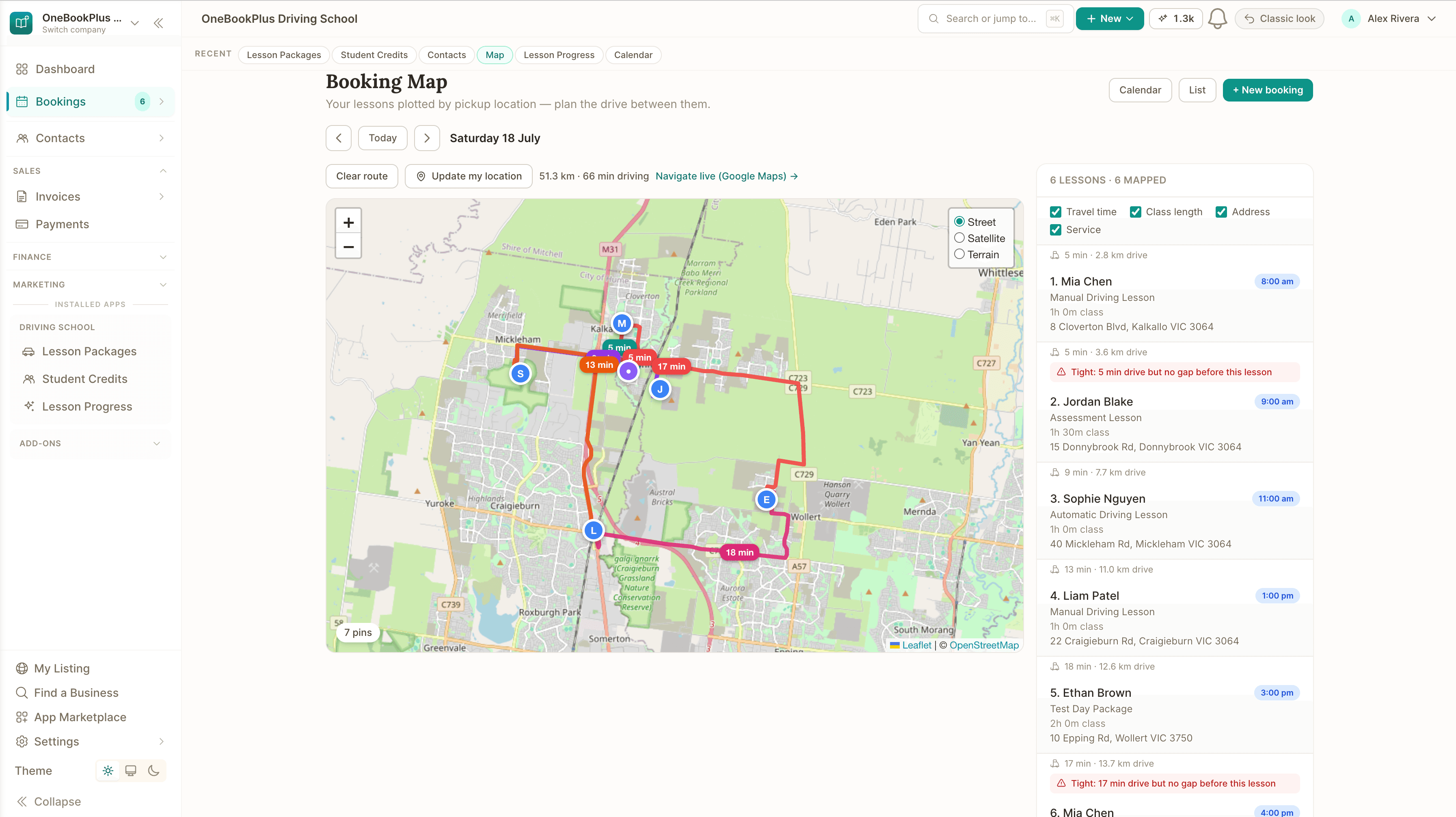 Lesson pickups plotted on a map with the drive route in OneBookPlus on a laptop