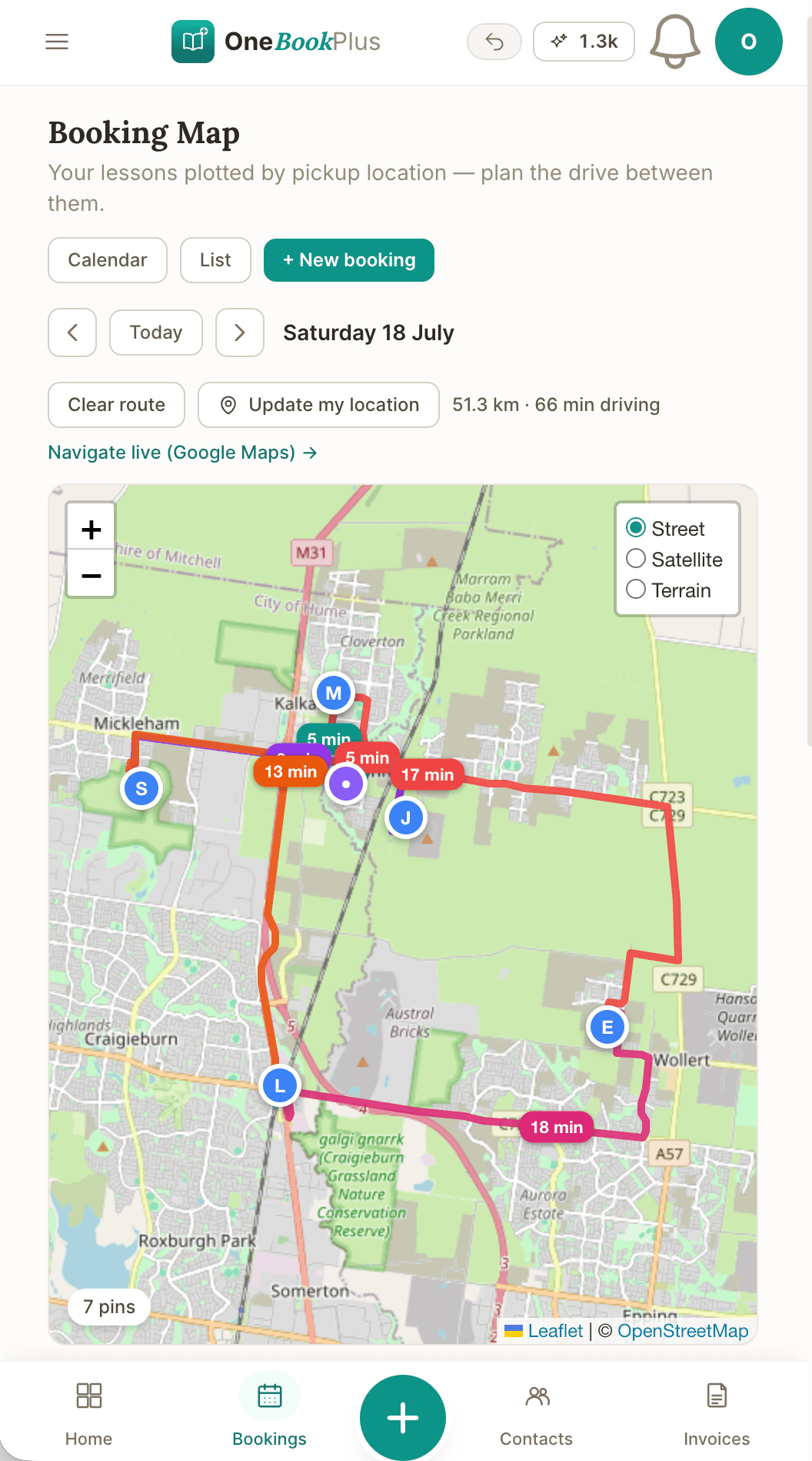 The pickup map with the drive route in the OneBookPlus phone app