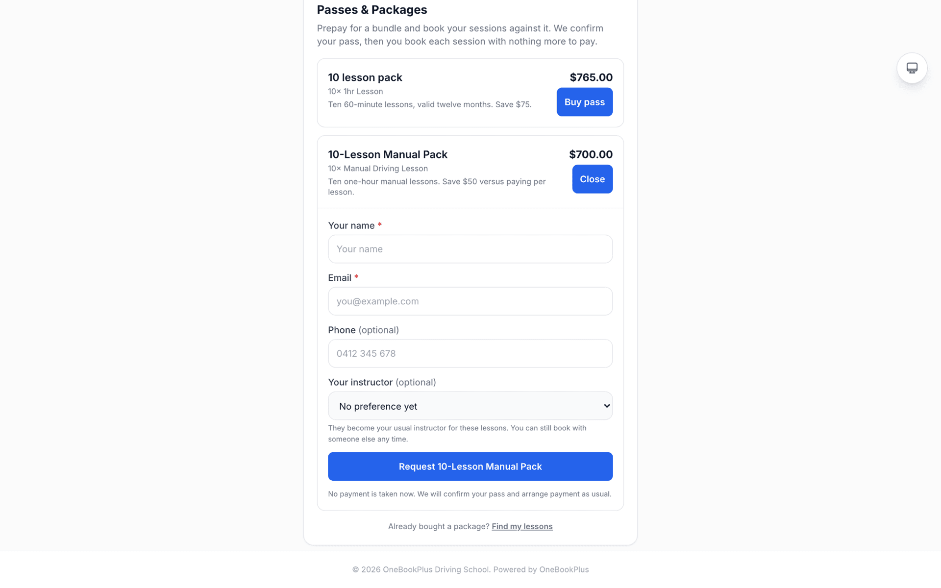 A booking page selling a 10-lesson pack, with the buy form open and an optional instructor picker