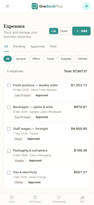 Expenses + receipt inbox with OCR-suggested categorisation