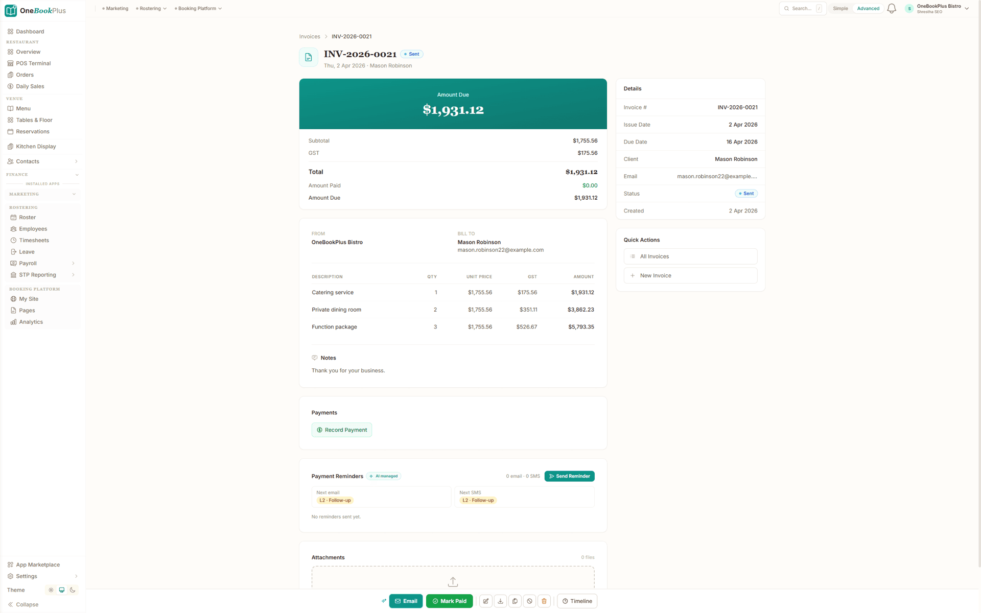 OneBookPlus GST tax invoice generated from a completed job with a pay-online link