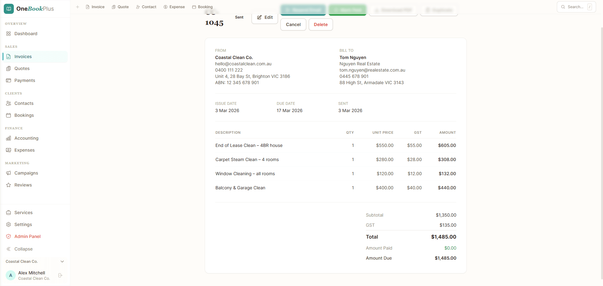 Smart Invoicing detail — OneBookPlus