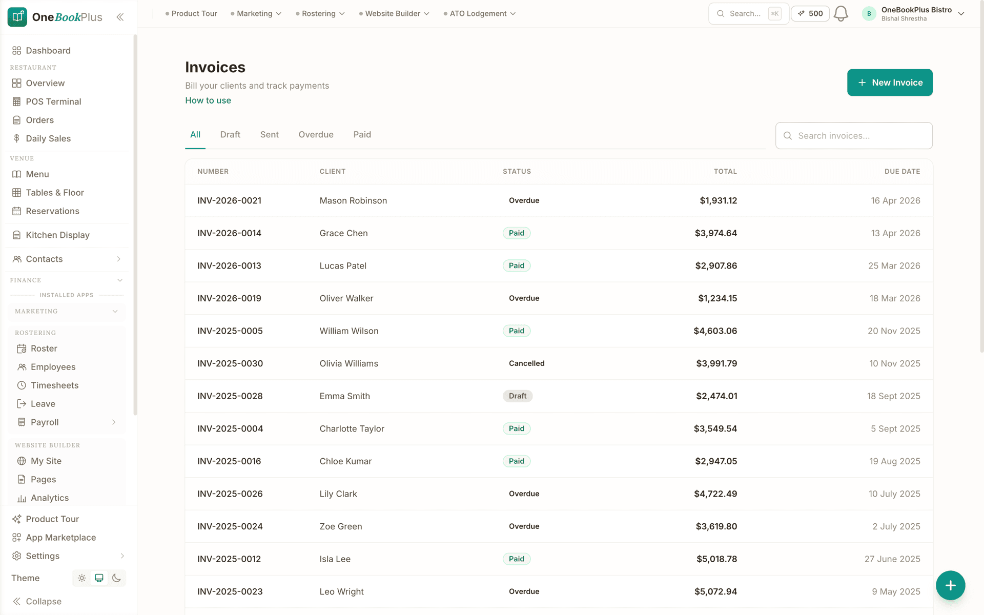 Invoicing in the OneBookPlus web app