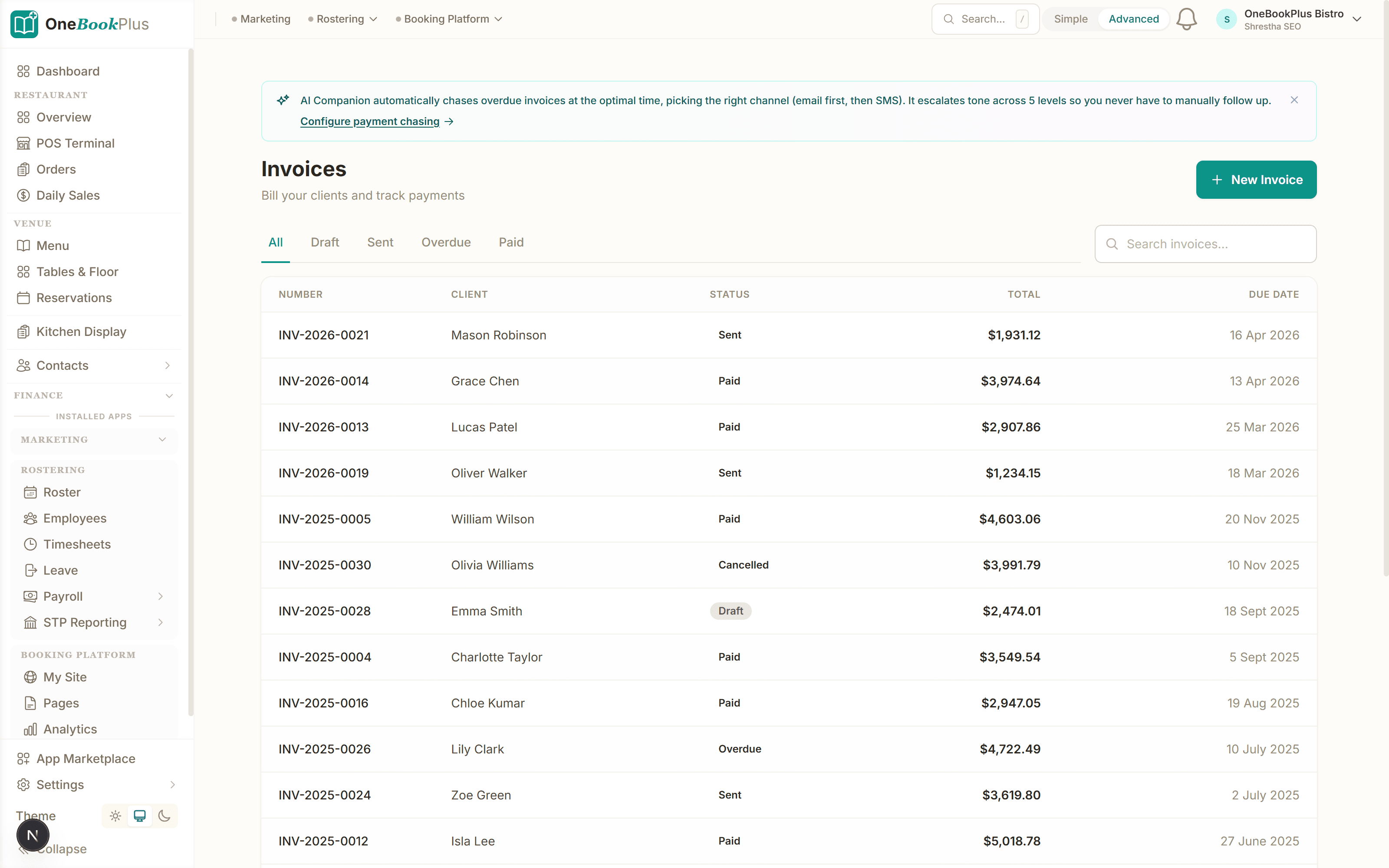 Invoice list with status filters