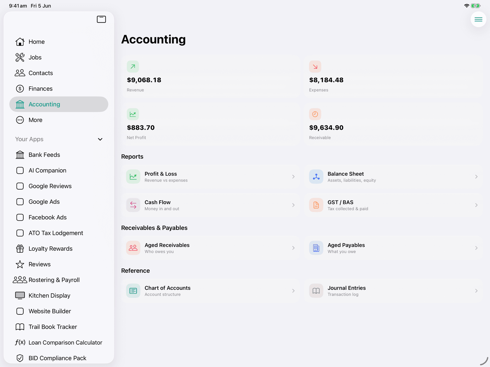 Accounting reports on iPad, P&L, balance sheet, GST/BAS, cash flow