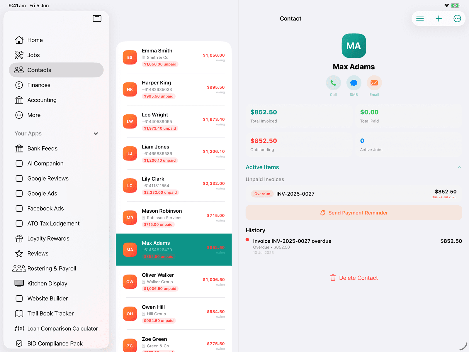 Contacts list and client detail side by side on iPad in landscape