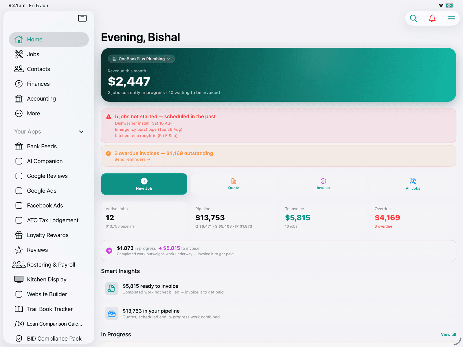 Business dashboard on iPad in landscape with two-pane layout