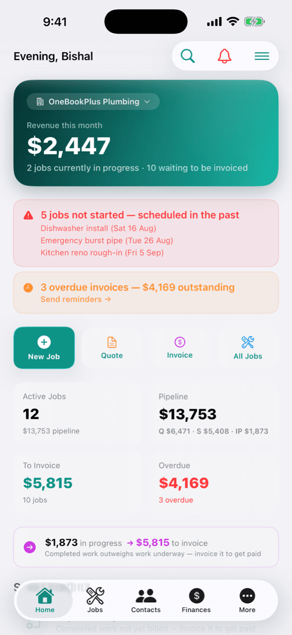 Business dashboard on the OneBookPlus iPhone app