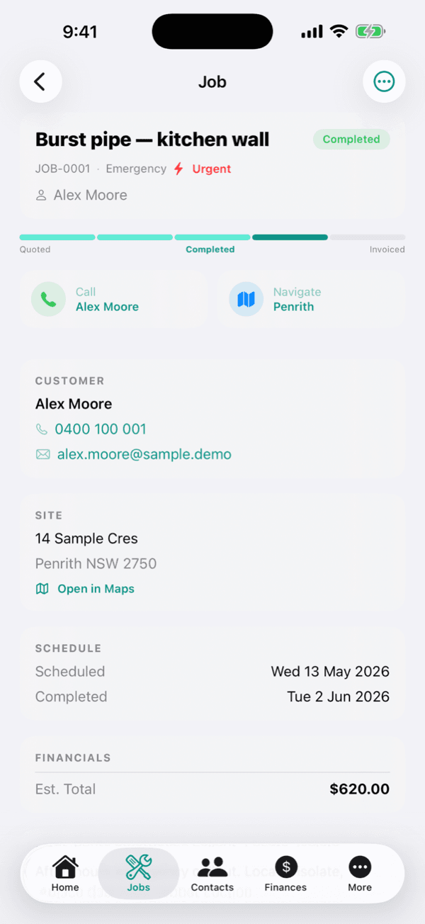 Single job detail on iPhone