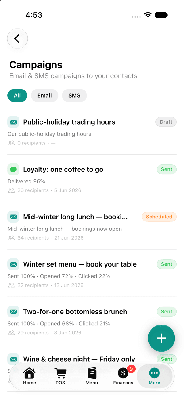 Email & SMS campaigns on the OneBookPlus iPhone app