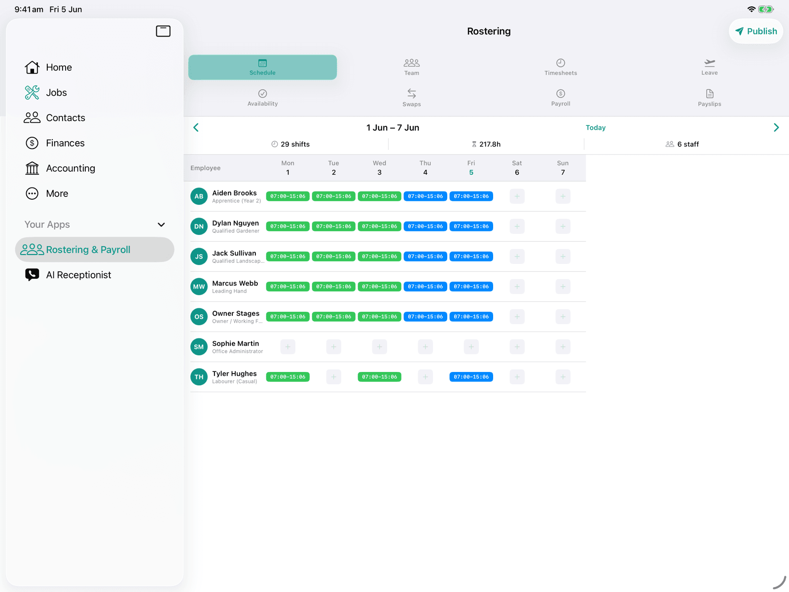 Staff rostering schedule grid on iPad in landscape