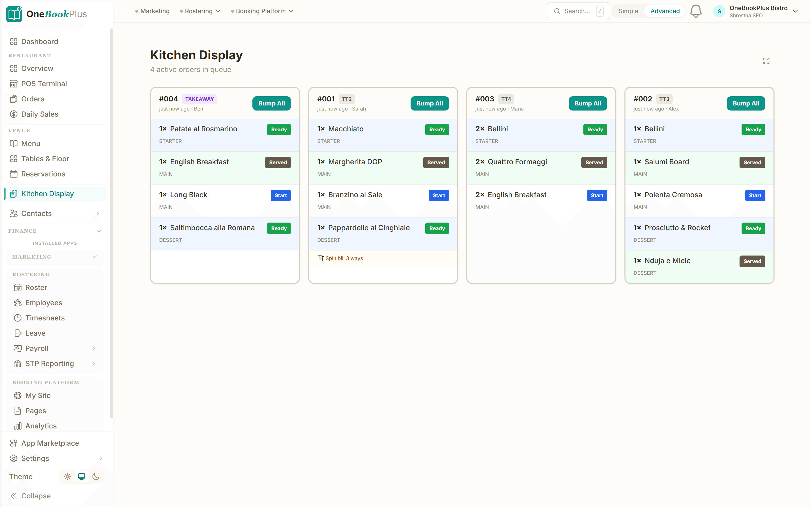 Kitchen display with queued, preparing and ready orders