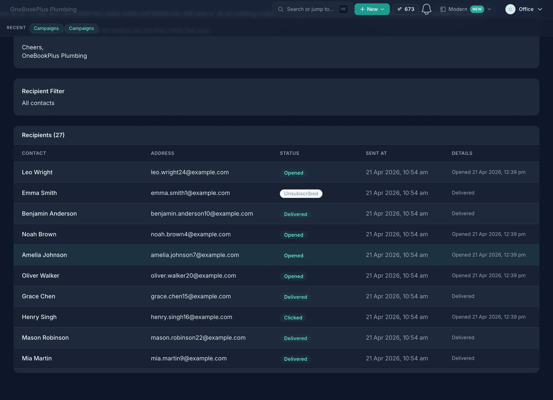 The recipient list of the same campaign, 27 recipients: each contact with the address it went to, an Opened, Unsubscribed, Delivered or Clicked status, the time it was sent, and when it was opened.
