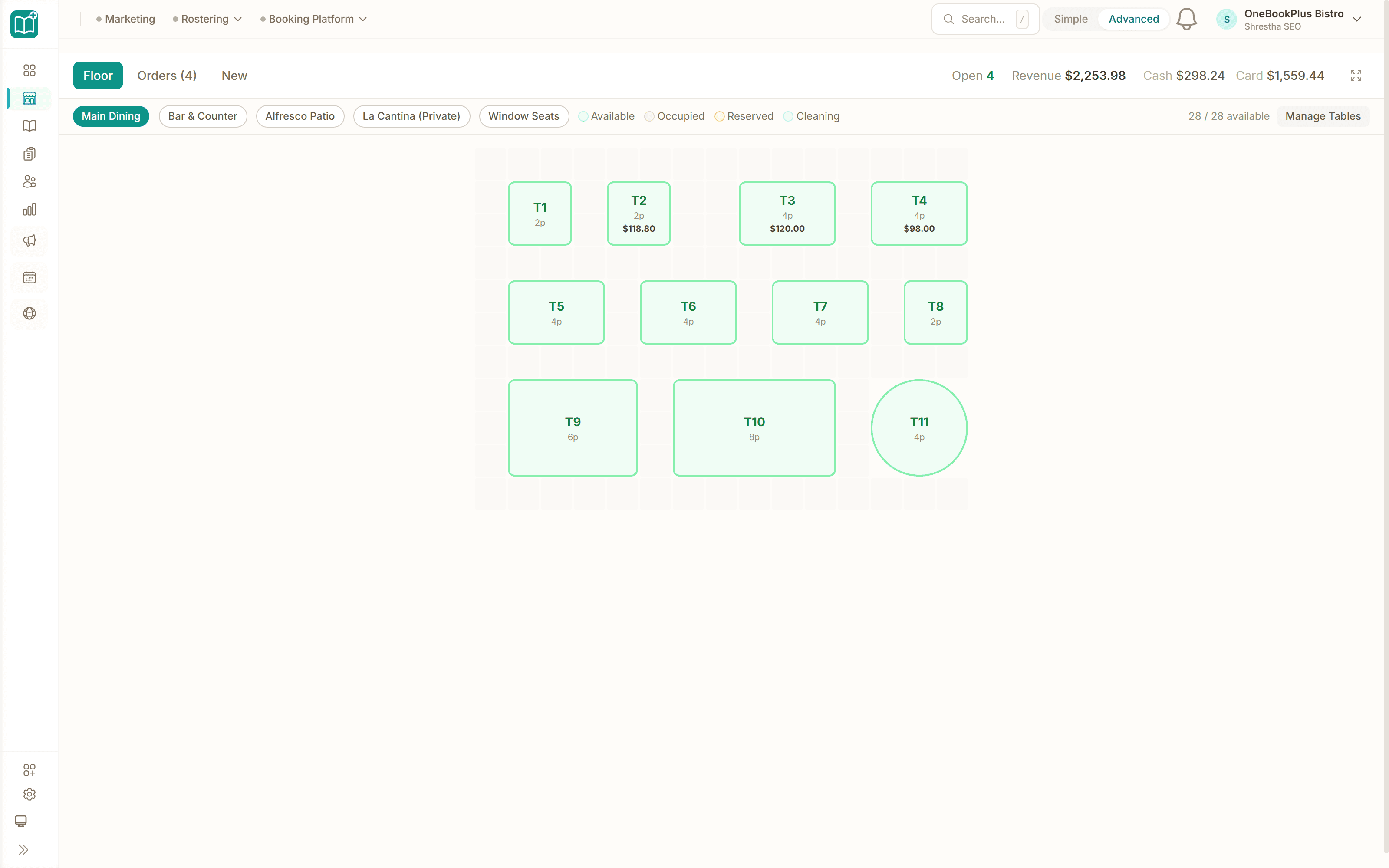 POS terminal with orders and table assignments