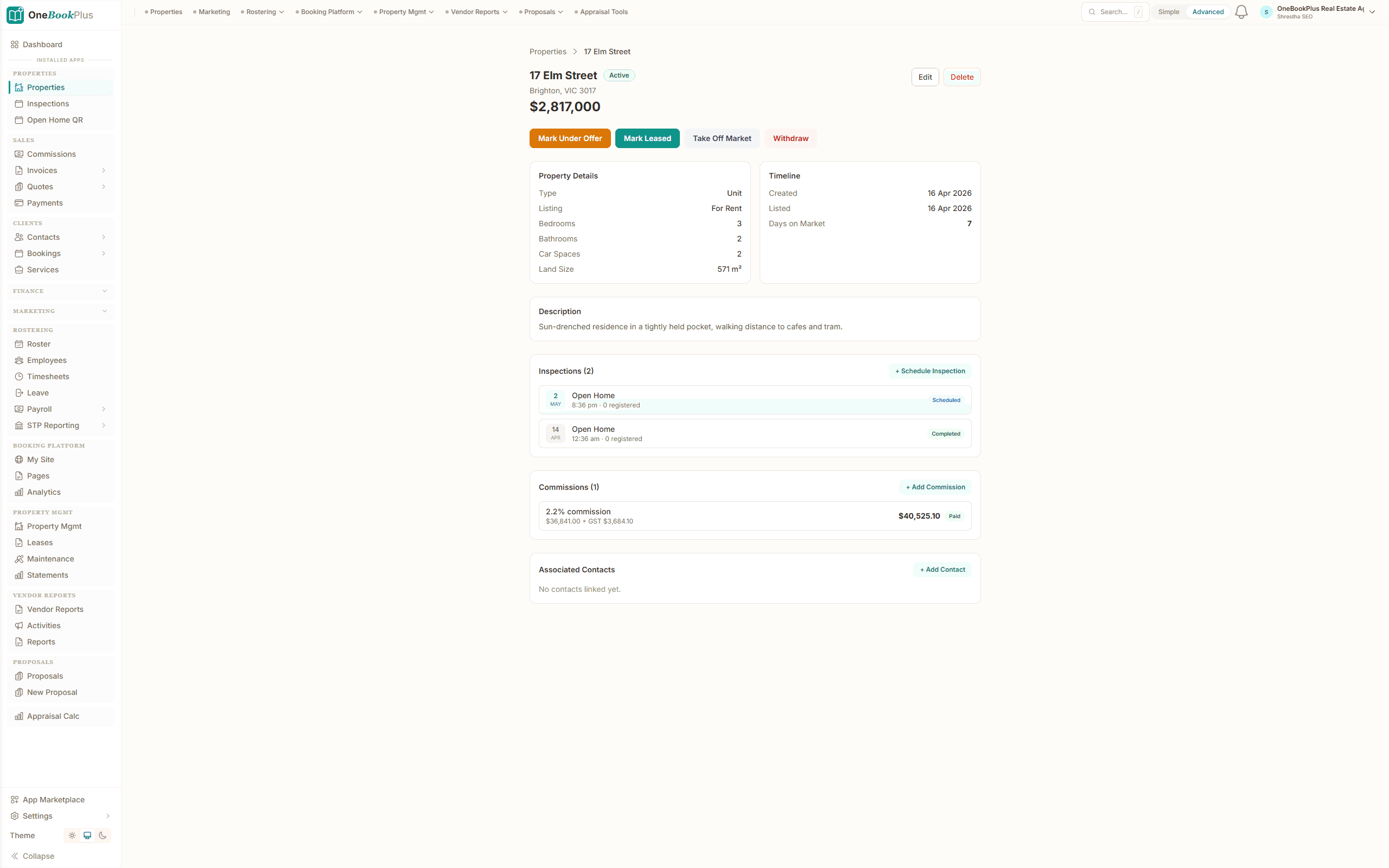 OneBookPlus property detail — photos, features, inspection schedule and lease info