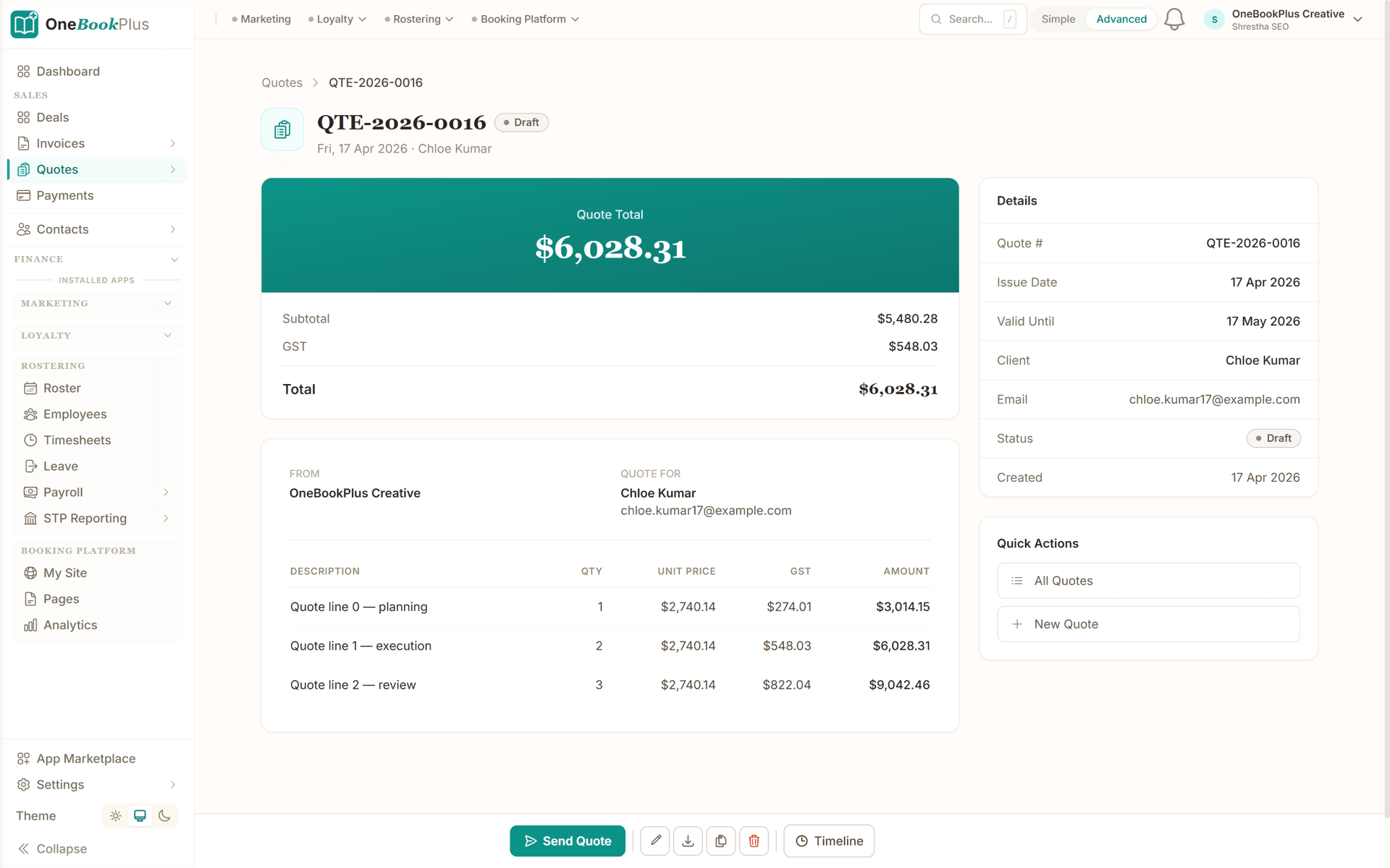 OneBookPlus quote detail with line items, GST and one-click online acceptance