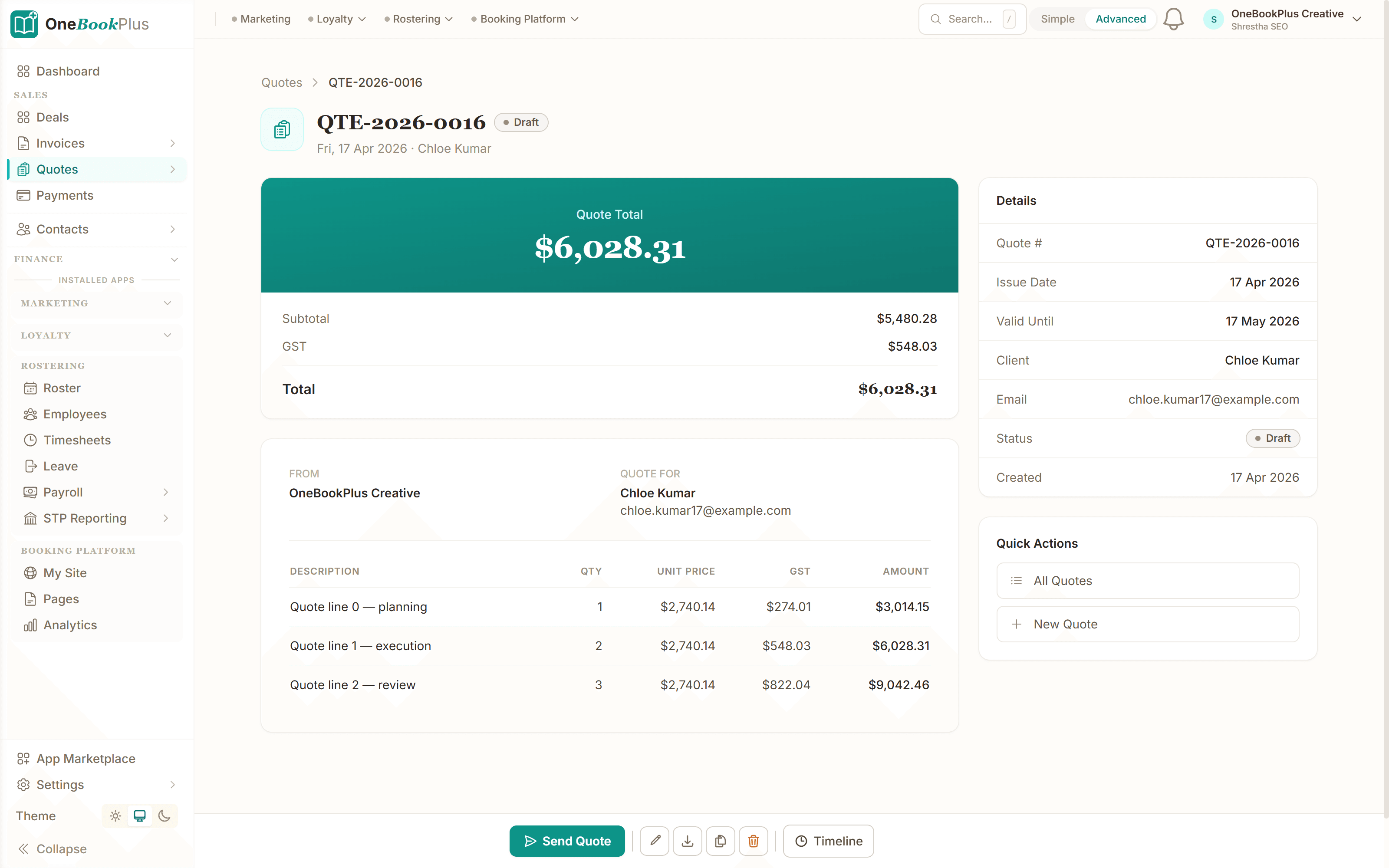 Quote with line items ready to send