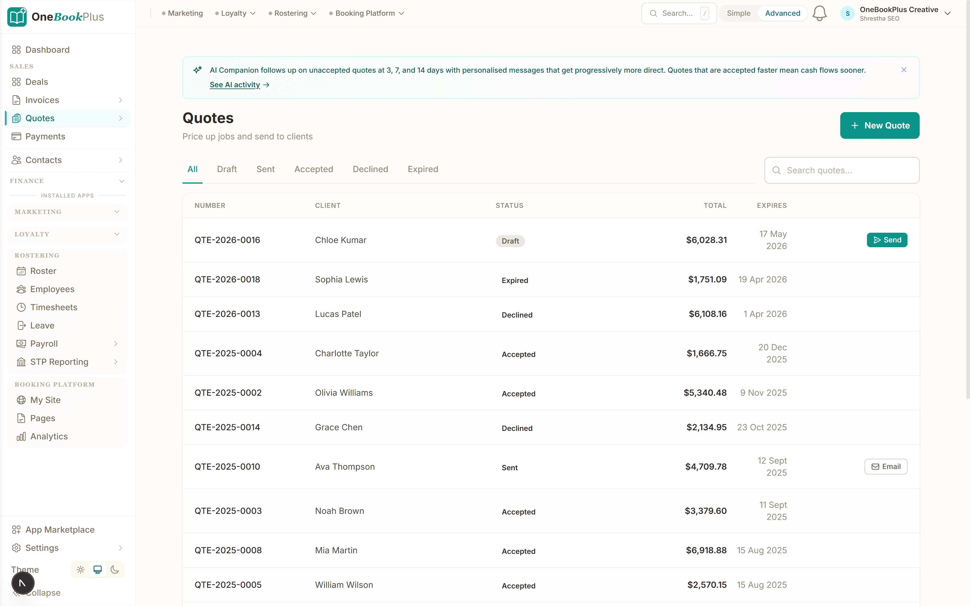 Quote list with accept/decline status