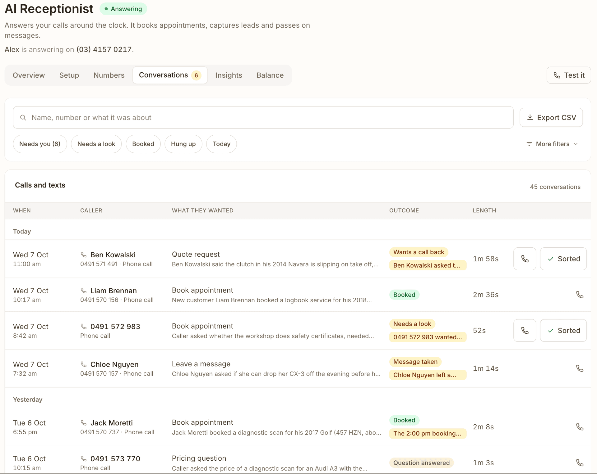 The AI Receptionist's Conversations tab: a search box, chips for Needs you, Needs a look, Booked, Hung up and Today, and 45 calls and texts grouped by day, each with when, the caller, what they wanted with a one-line summary, the outcome, the length, and Ring and Sorted on the ones that need the owner.
