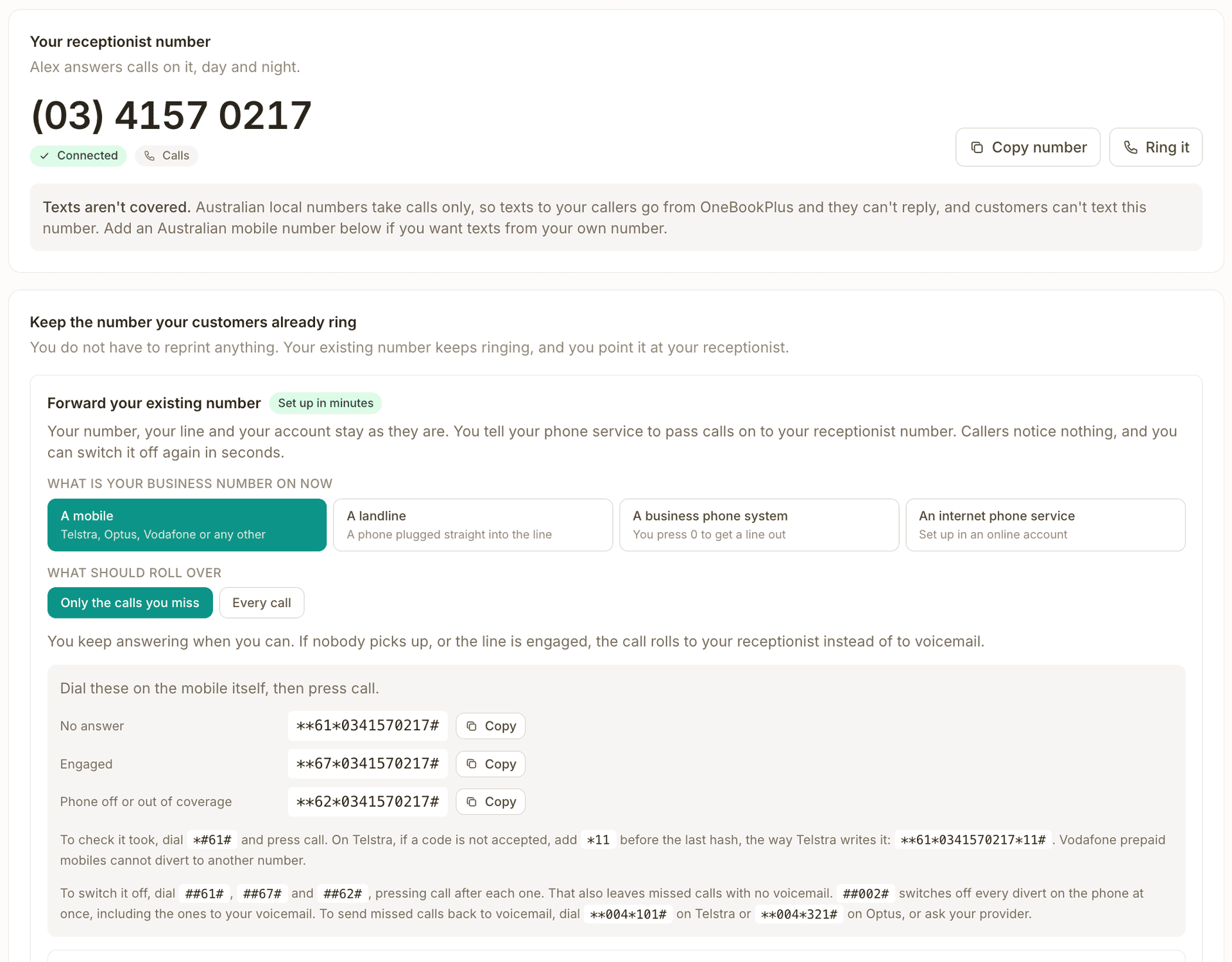 The receptionist number screen: the number with Connected and Calls tags, a note that texts aren't covered on a local number, and Keep the number your customers already ring, with a choice of mobile, landline, business phone system or internet phone service, a choice of only the calls you miss or every call, and the divert codes to dial for no answer, engaged and phone off, each with a Copy button.