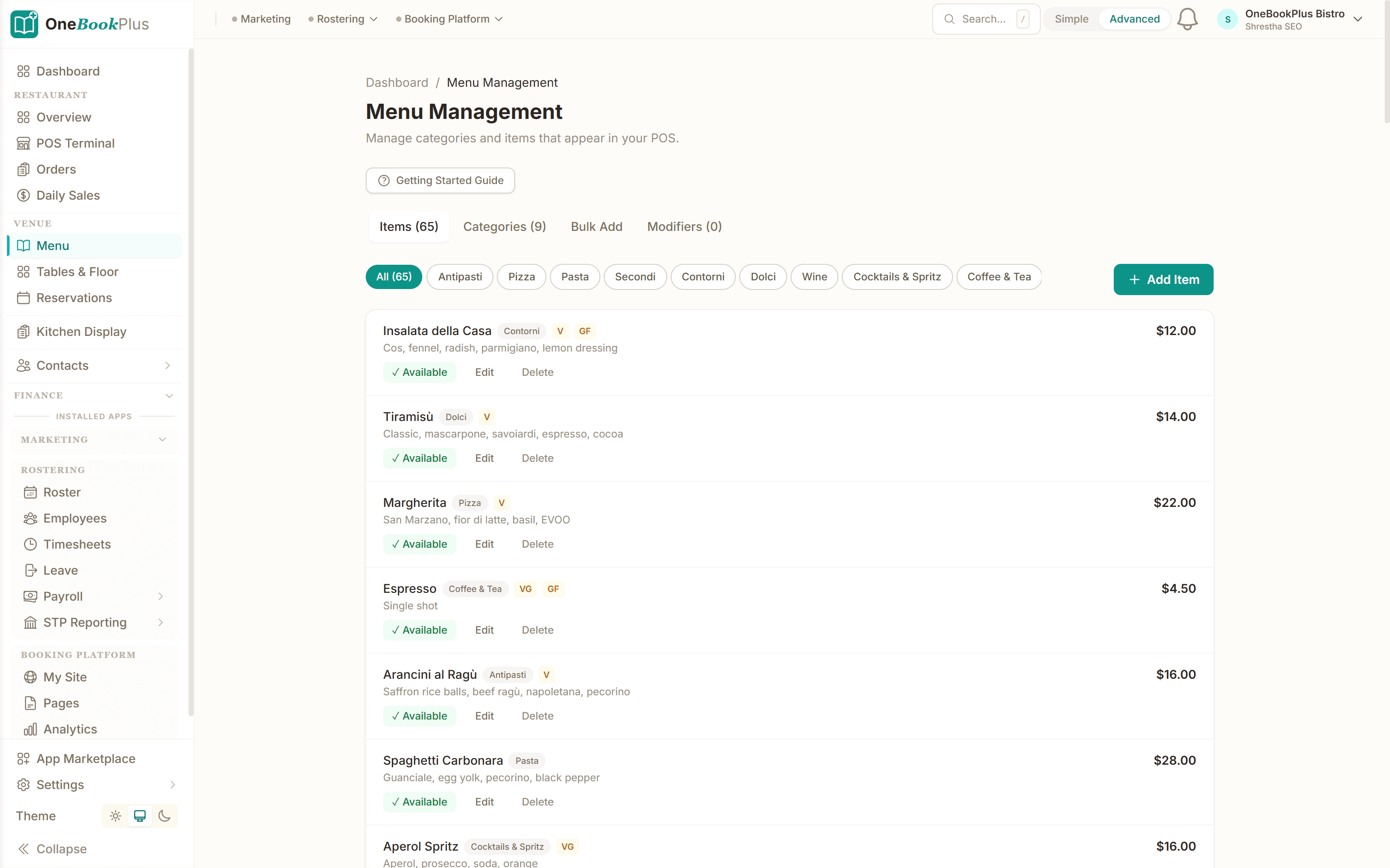 Restaurant menu with categories and items