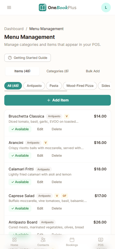 Restaurant menu management in OneBookPlus
