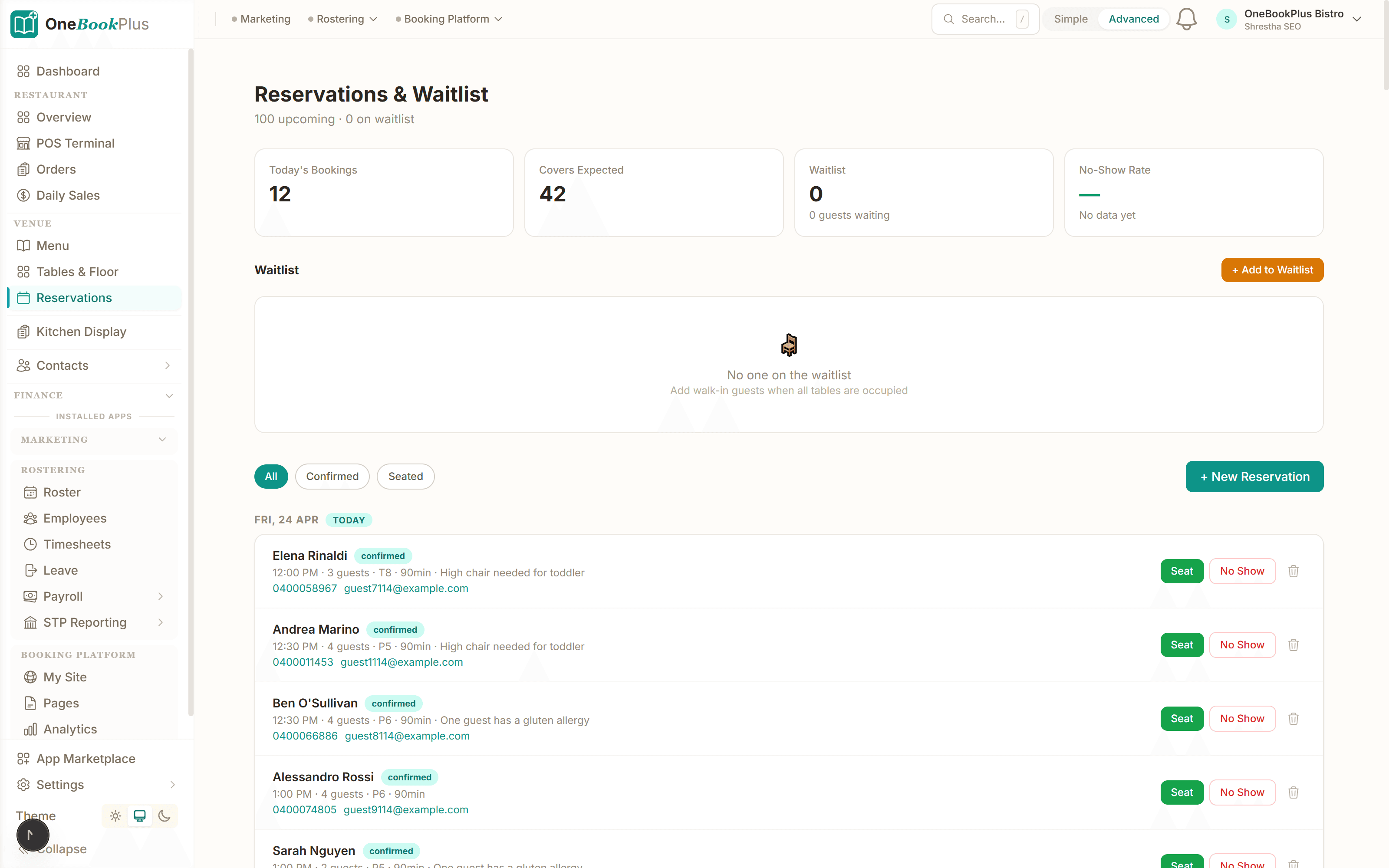 Reservation list with party size, time and notes