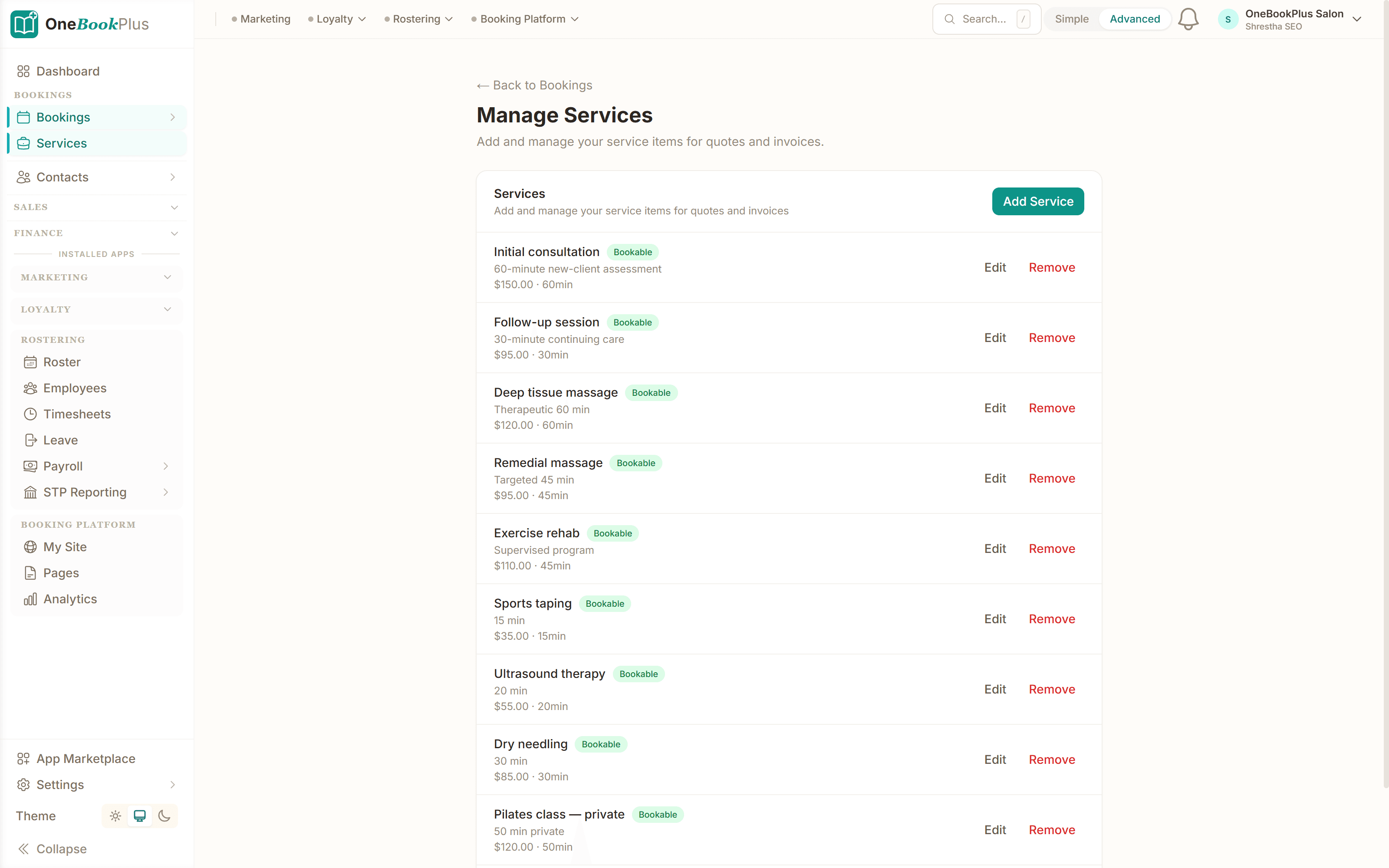 Service menu with prices + durations