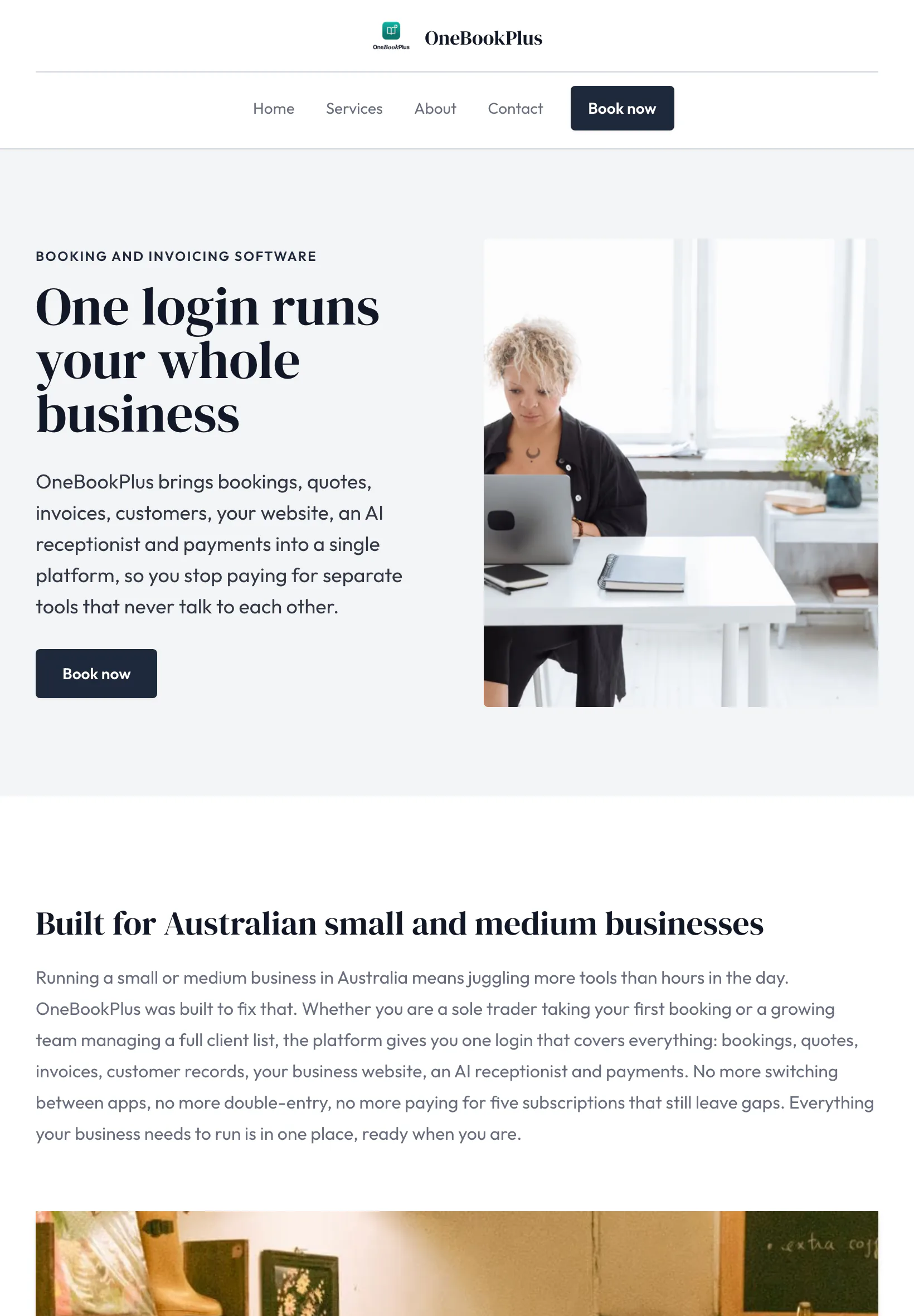The OneBookPlus home page on a tablet: the name centred over the menu, the serif heading on three lines beside the framed photo, the Book now button, then Built for Australian small and medium businesses and the top of the next photo