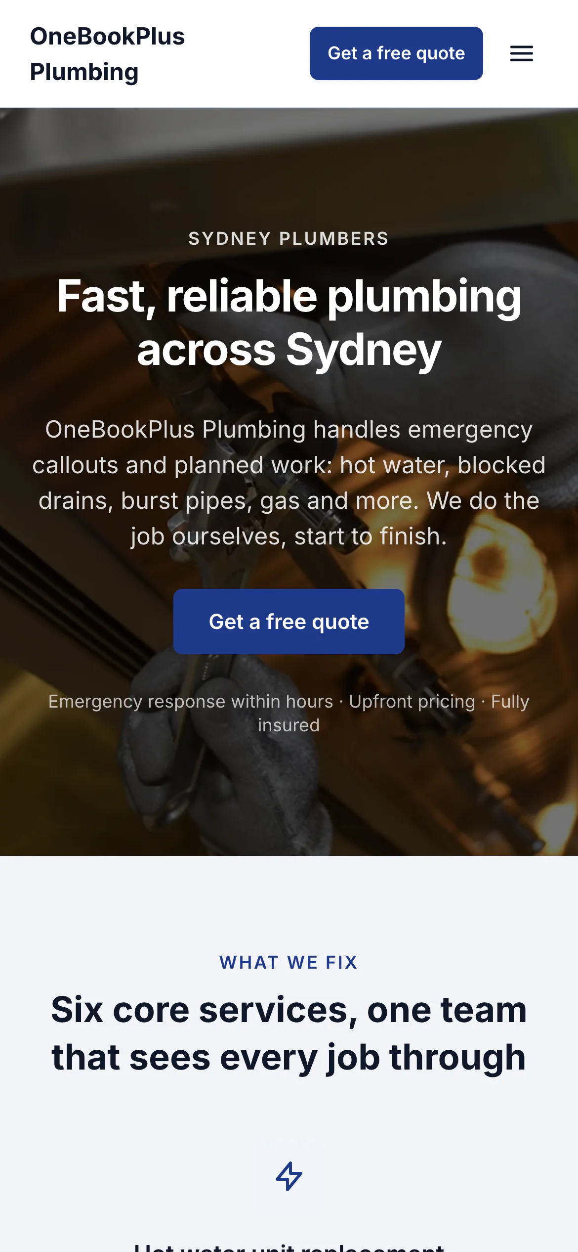 The OneBookPlus Plumbing home page on a phone: the name over two lines at the left with the quote button and the menu icon beside it, then the hero photo, the heading, a paragraph, a button and the What we fix heading
