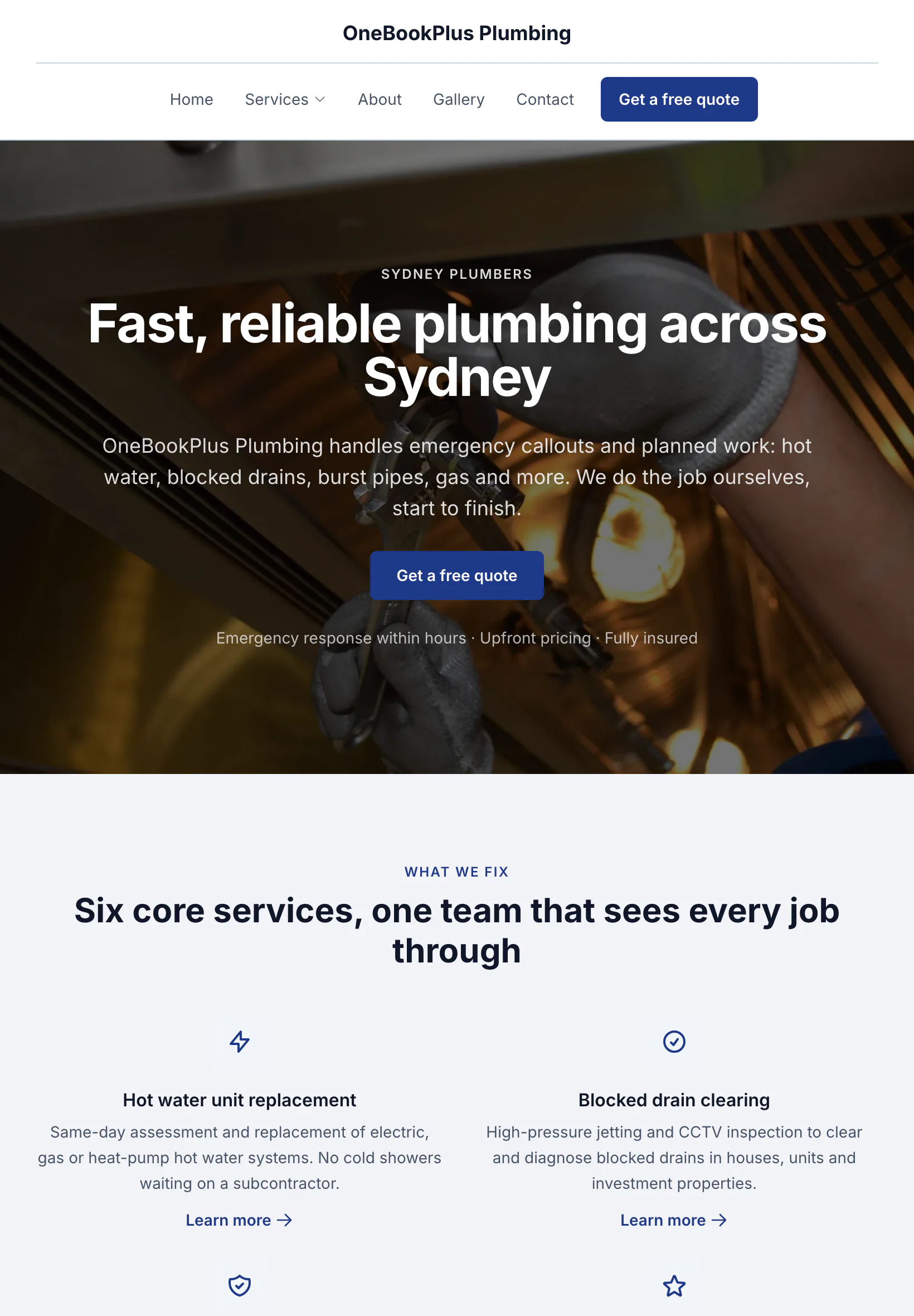 The OneBookPlus Plumbing home page on a tablet: the name centred over the menu row, the quote button on one line, the hero photo and heading, then two service cards across, each with its own link