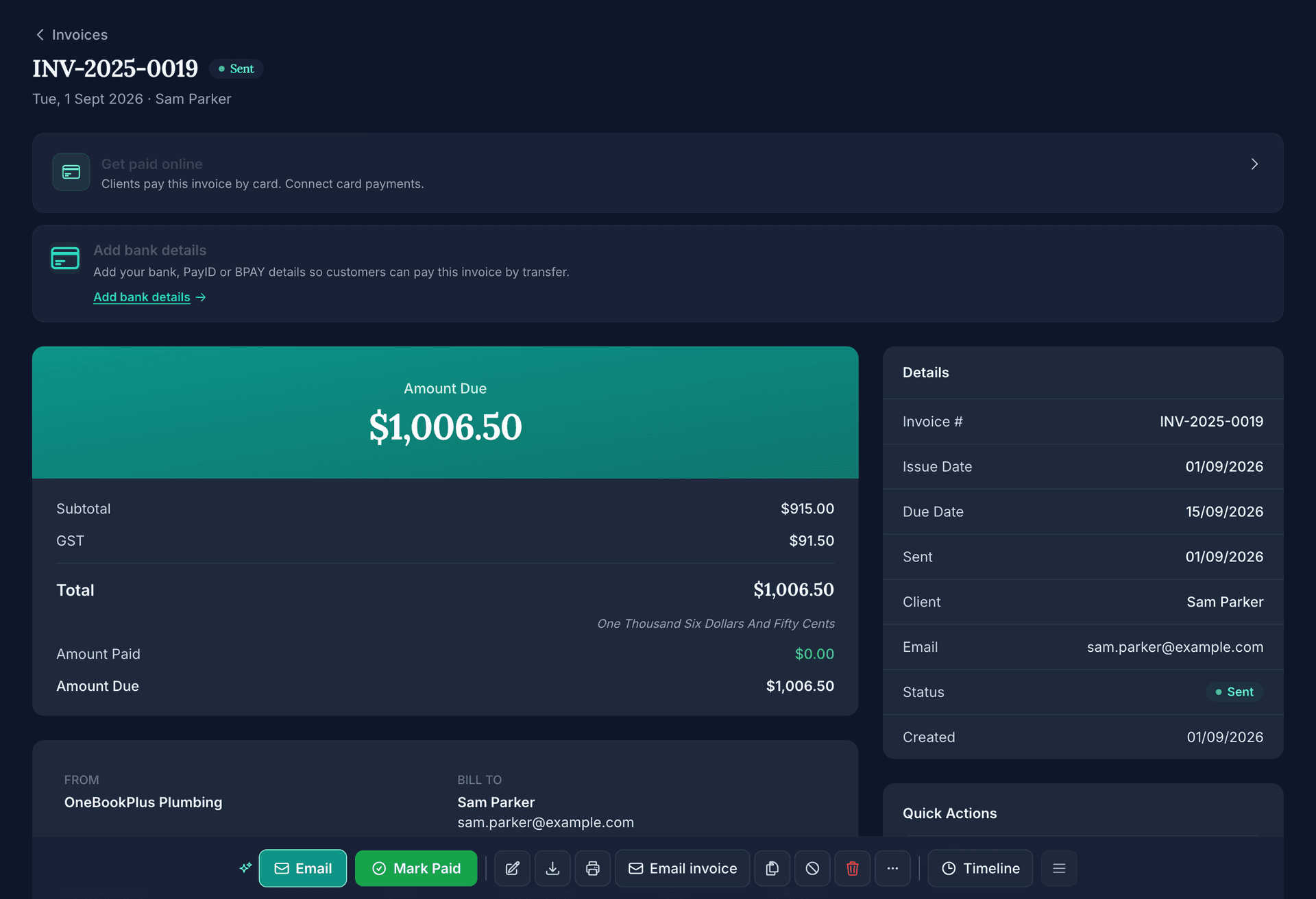 A sent invoice raised from a finished job, INV-2025-0019 for Sam Parker: the Get paid online and Add bank details prompts, the amount due of $1,006.50 with subtotal, GST, total and amount paid, the details panel, and the Email, Mark Paid and Email invoice actions.