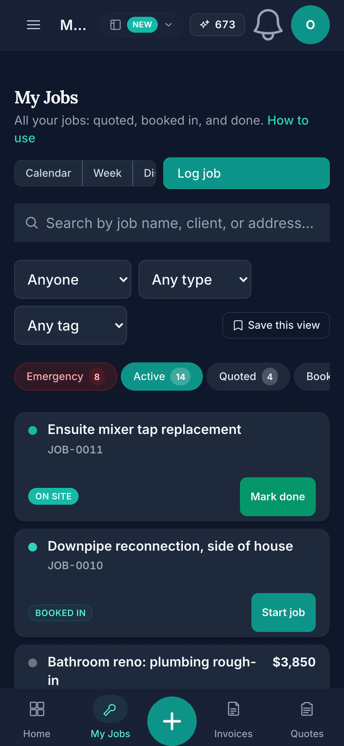 The jobs list on a phone: search, the Anyone and Any type filters, status chips with counts (Emergency 8, Active 14, Quoted 4), and the first jobs with their Mark done and Start job buttons.