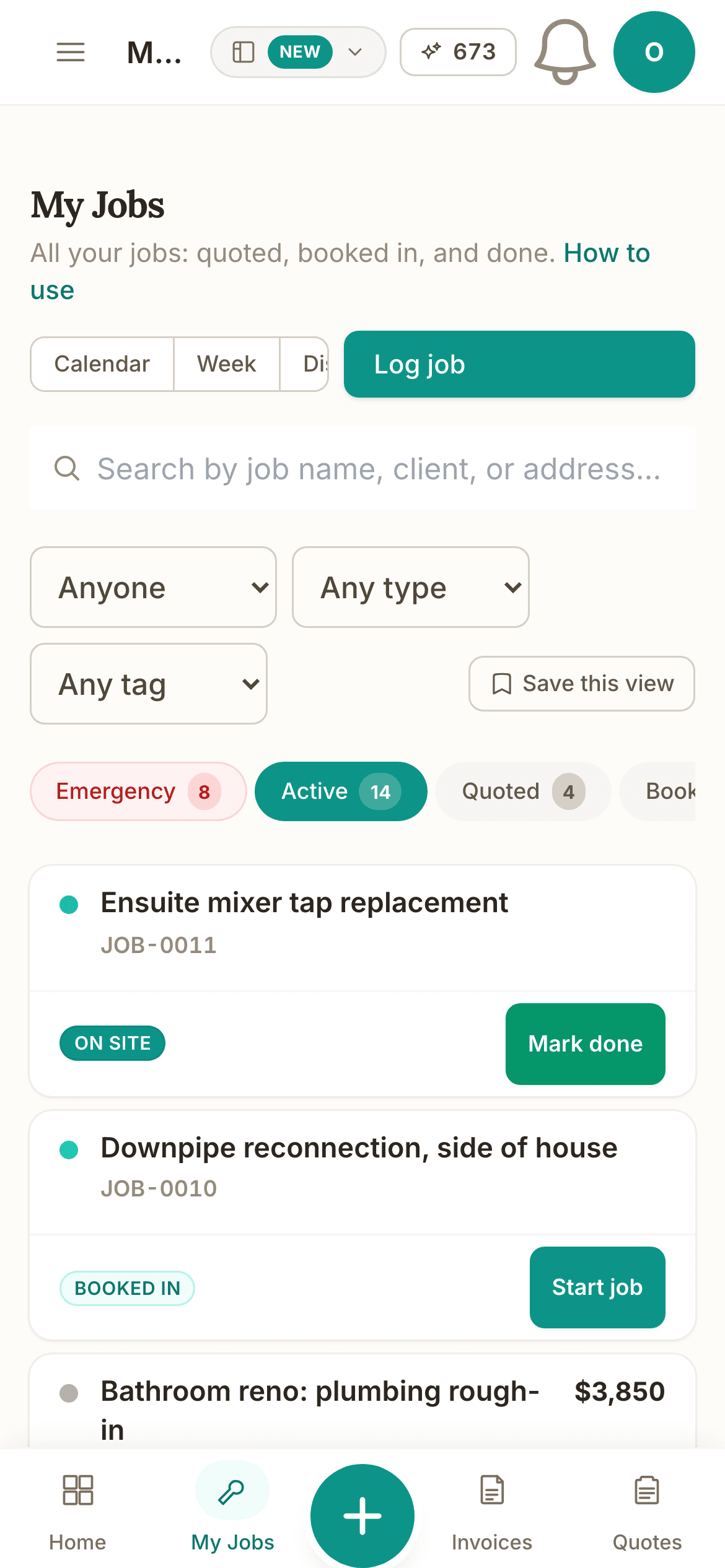 The jobs list on a phone: search, the Anyone and Any type filters, status chips with counts (Emergency 8, Active 14, Quoted 4), and the first jobs with their Mark done and Start job buttons.