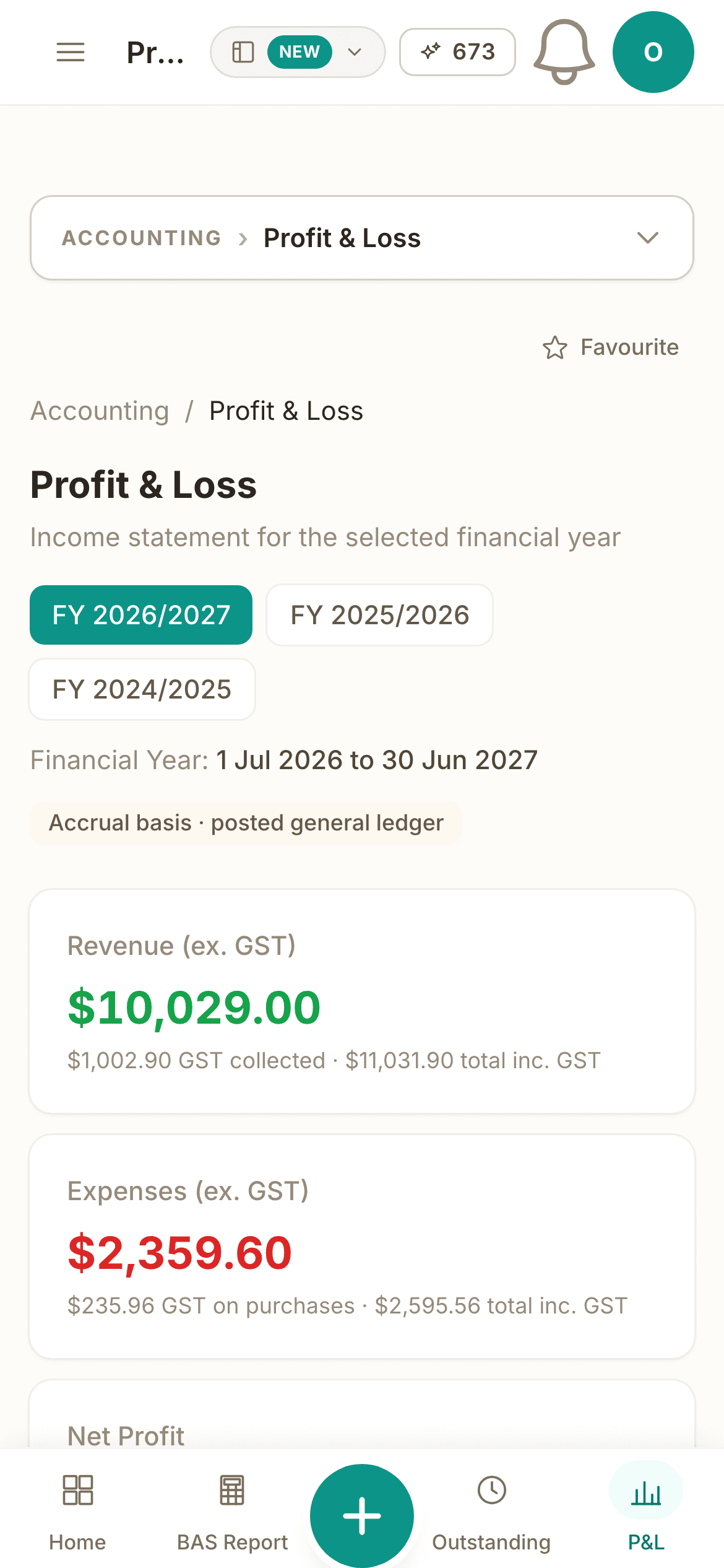 Profit and loss on a phone: the financial year picker on FY 2026/2027, the revenue tile of $10,029.00 with its GST collected, the expenses tile of $2,359.60 with its GST on purchases, and the Home, BAS Report, Outstanding and P&L tabs along the bottom.
