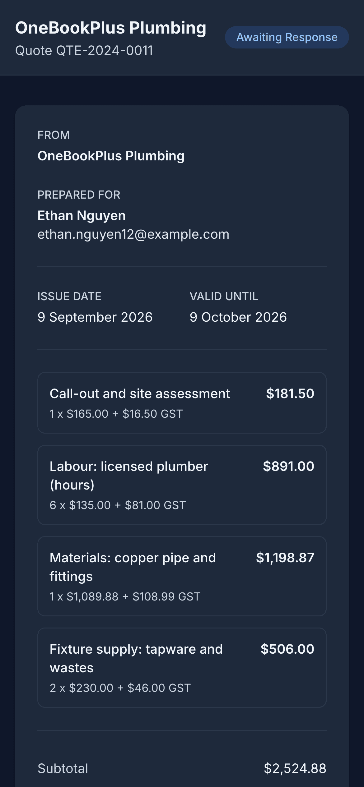 The client's view of quote QTE-2024-0011 on a phone: OneBookPlus Plumbing at the top with the status Awaiting Response, prepared for Ethan Nguyen, the issue and valid-until dates, the four lines each with its quantity, unit price and GST, and the subtotal of $2,524.88.