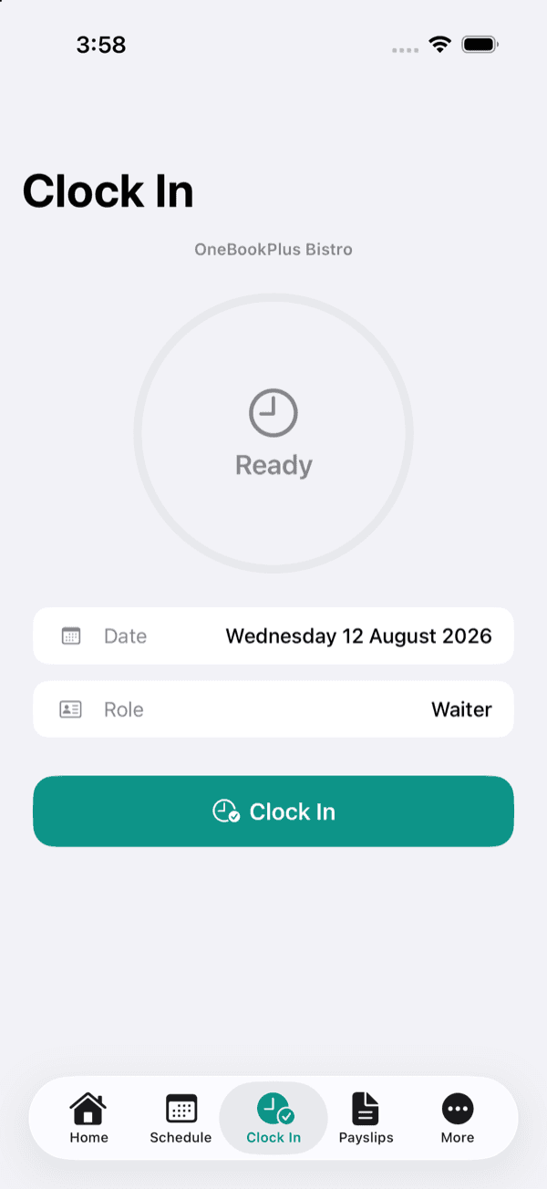 The clock in screen in OneBookPlus Staff, with a button to start the shift
