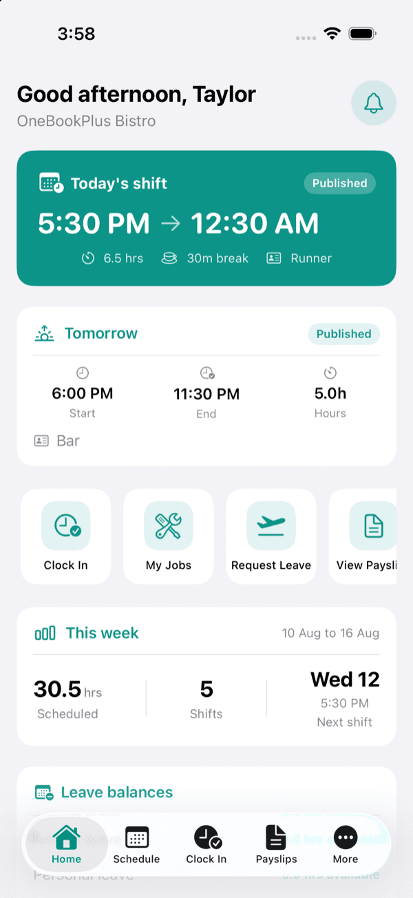The OneBookPlus Staff home screen showing the next shift and hours worked this week