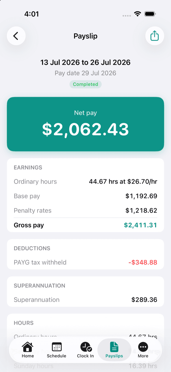 A payslip in OneBookPlus Staff showing gross, tax, super and year to date totals